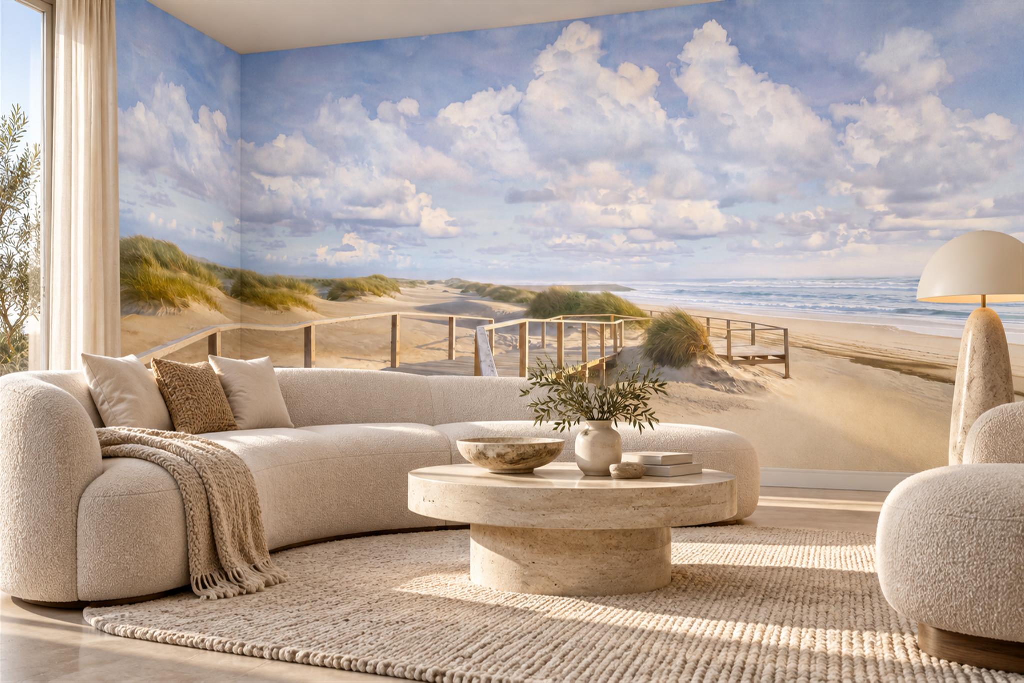 Blue Beach Scenic Layered Wallpaper Mural Living-room-wallpaper-murals, Peel-and-stick Finish