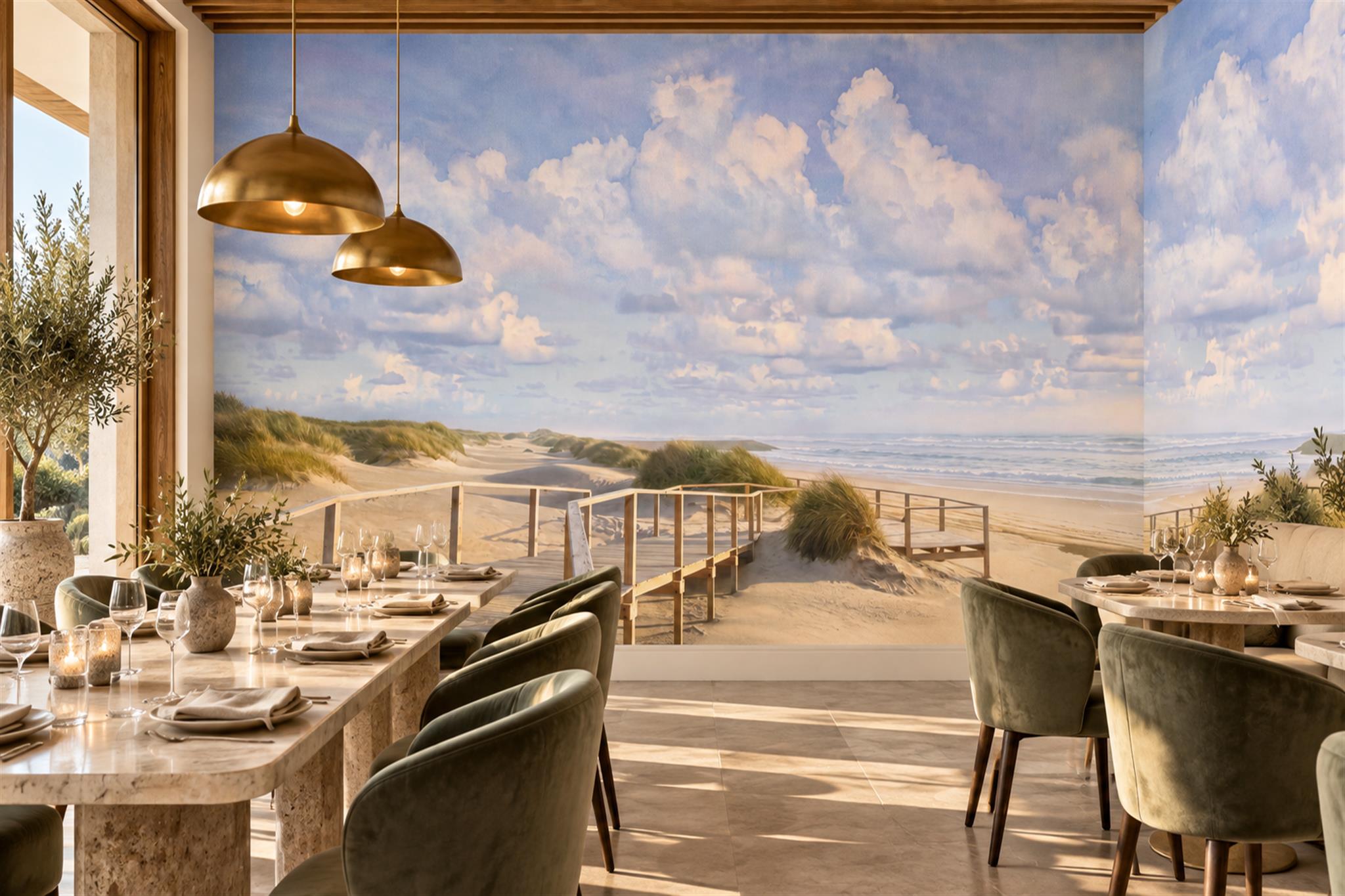 Blue Beach Scenic Layered Wallpaper Mural Dining-room-wallpaper-murals, Shown In A Dining Room, Peel-and-stick Finish