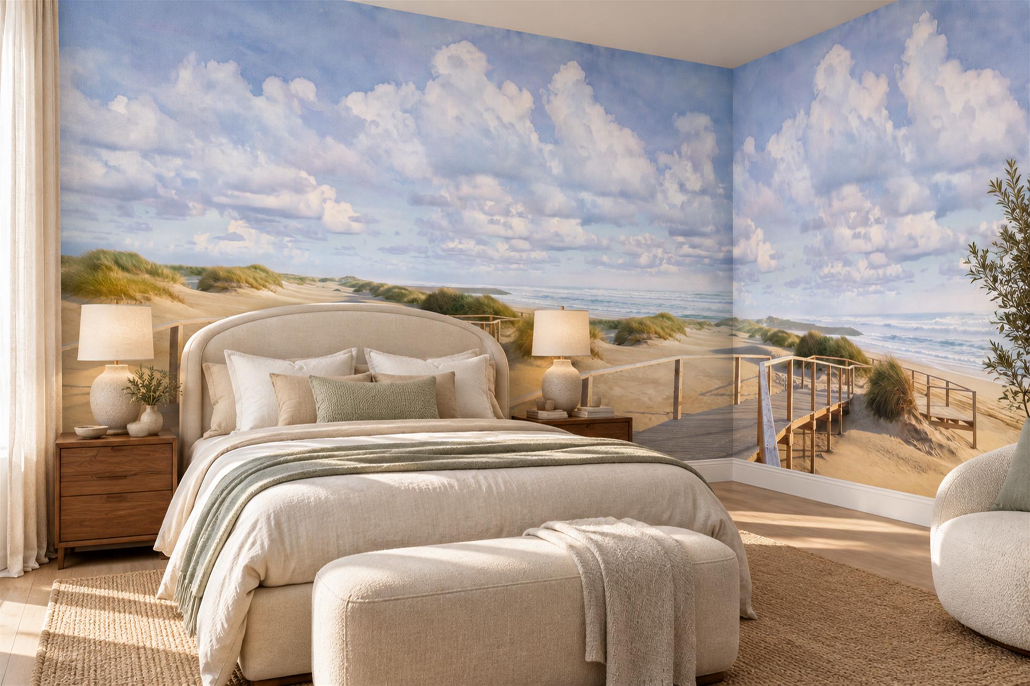 Blue Beach Scenic Layered Wallpaper Mural Living-room-wallpaper-murals, Peel-and-stick Finish