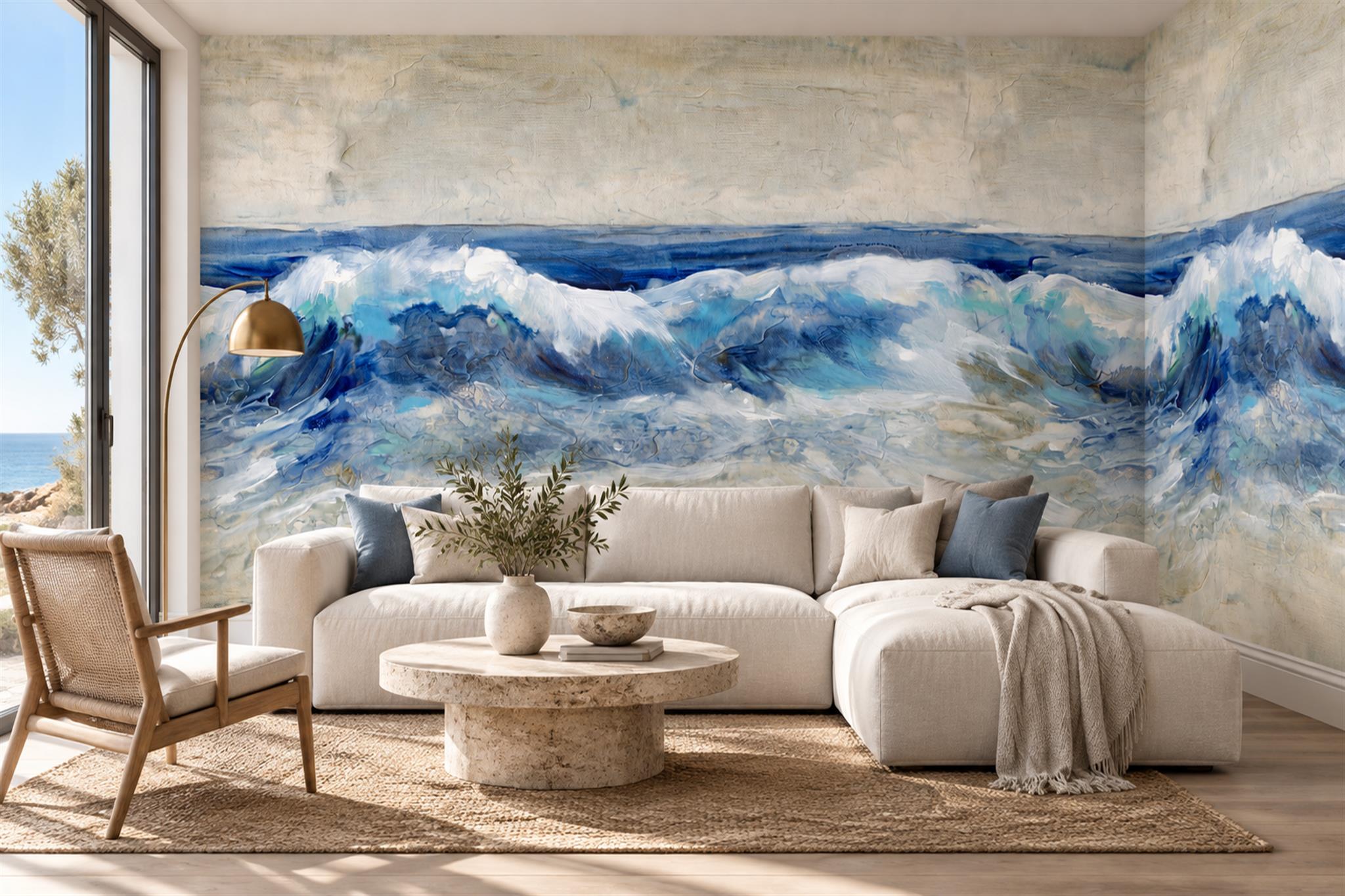 Blue Waves Artful Painterly Wallpaper Mural Living-room-wallpaper-murals, Shown In A Living Room, Peel-and-stick Finish