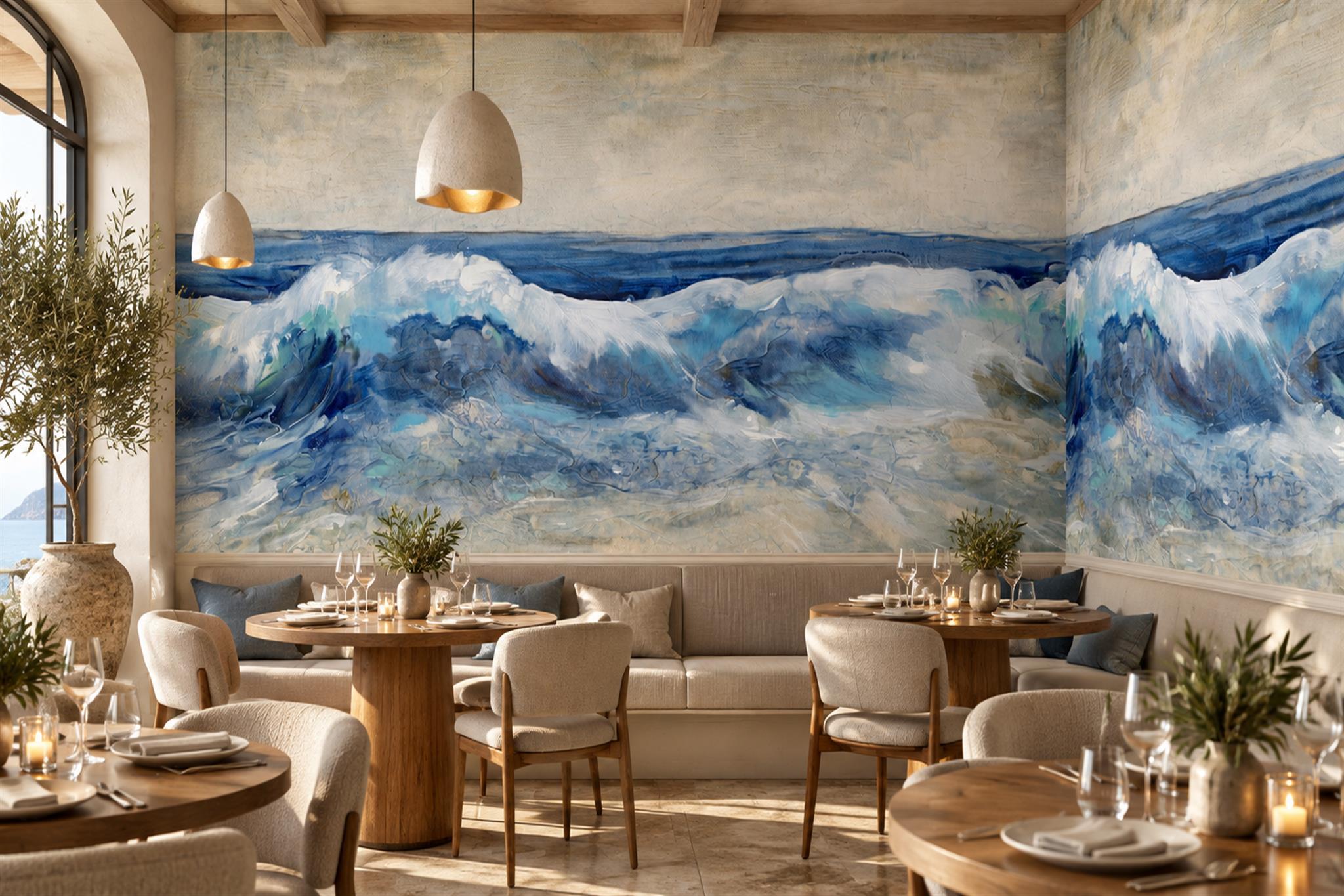 Blue Waves Artful Painterly Wallpaper Mural Dining-room-wallpaper-murals, Shown In A Dining Room, Peel-and-stick Finish