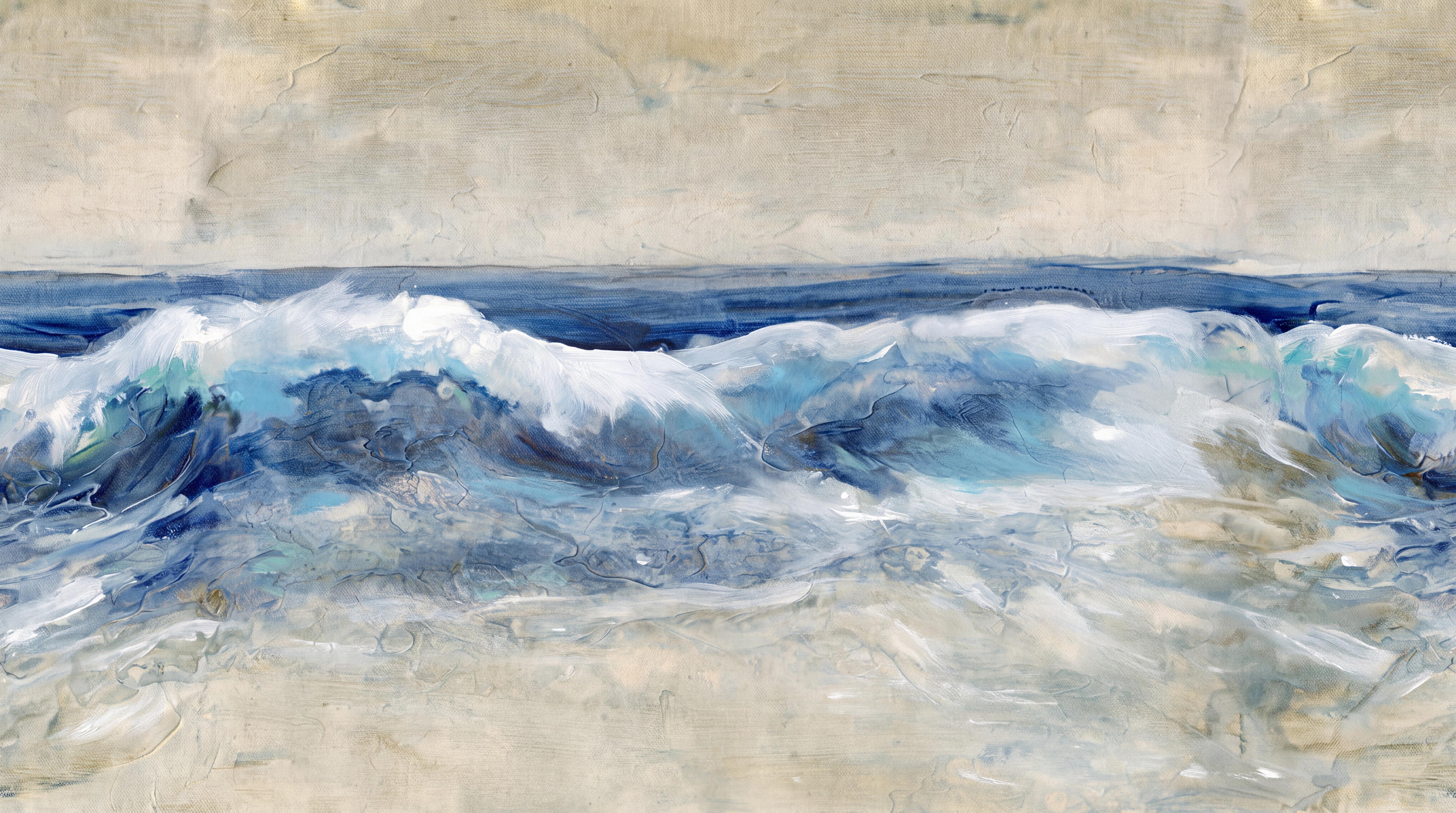 Blue Waves Artful Painterly Wallpaper Mural Bedroom-wallpaper-murals, Peel-and-stick Finish