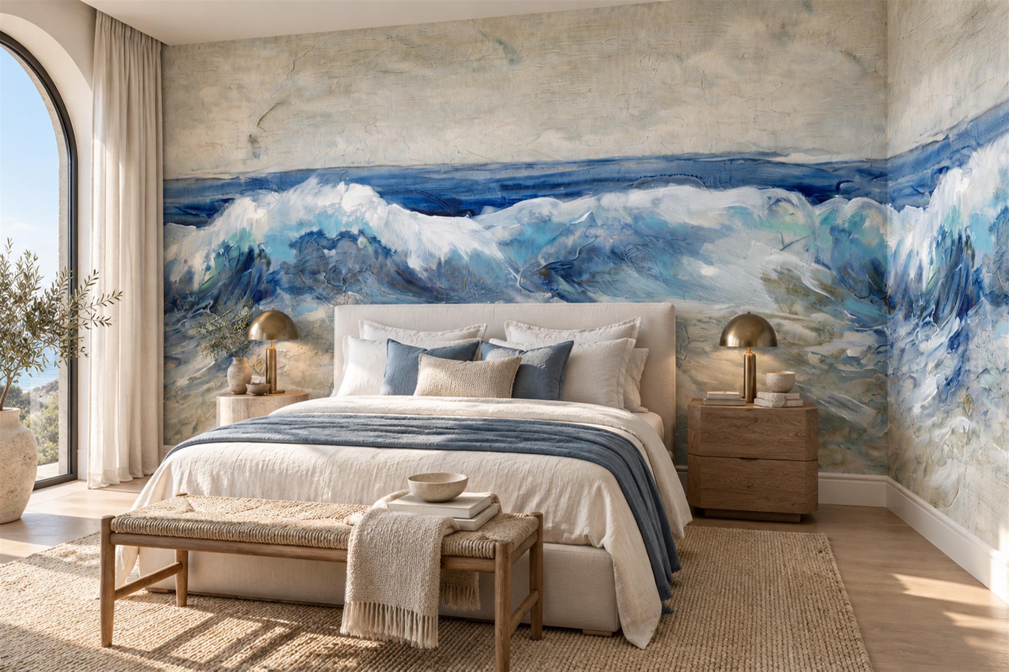 Blue Waves Artful Painterly Wallpaper Mural Bedroom-wallpaper-murals, Peel-and-stick Finish
