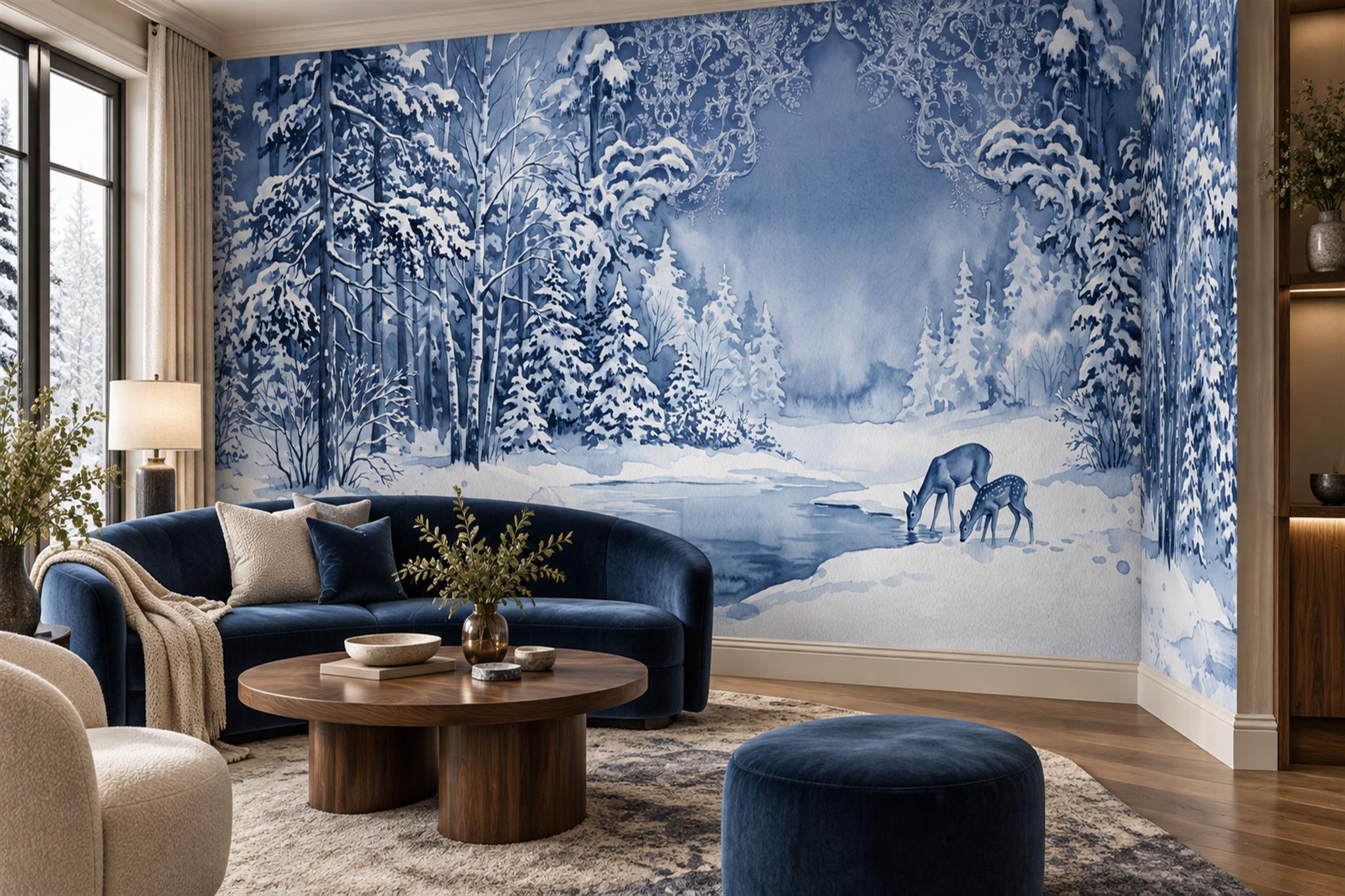Blue Watercolour Snowy Forest With Deer Wallpaper Mural — Wallpaper Mural Design, Peel-and-stick Finish