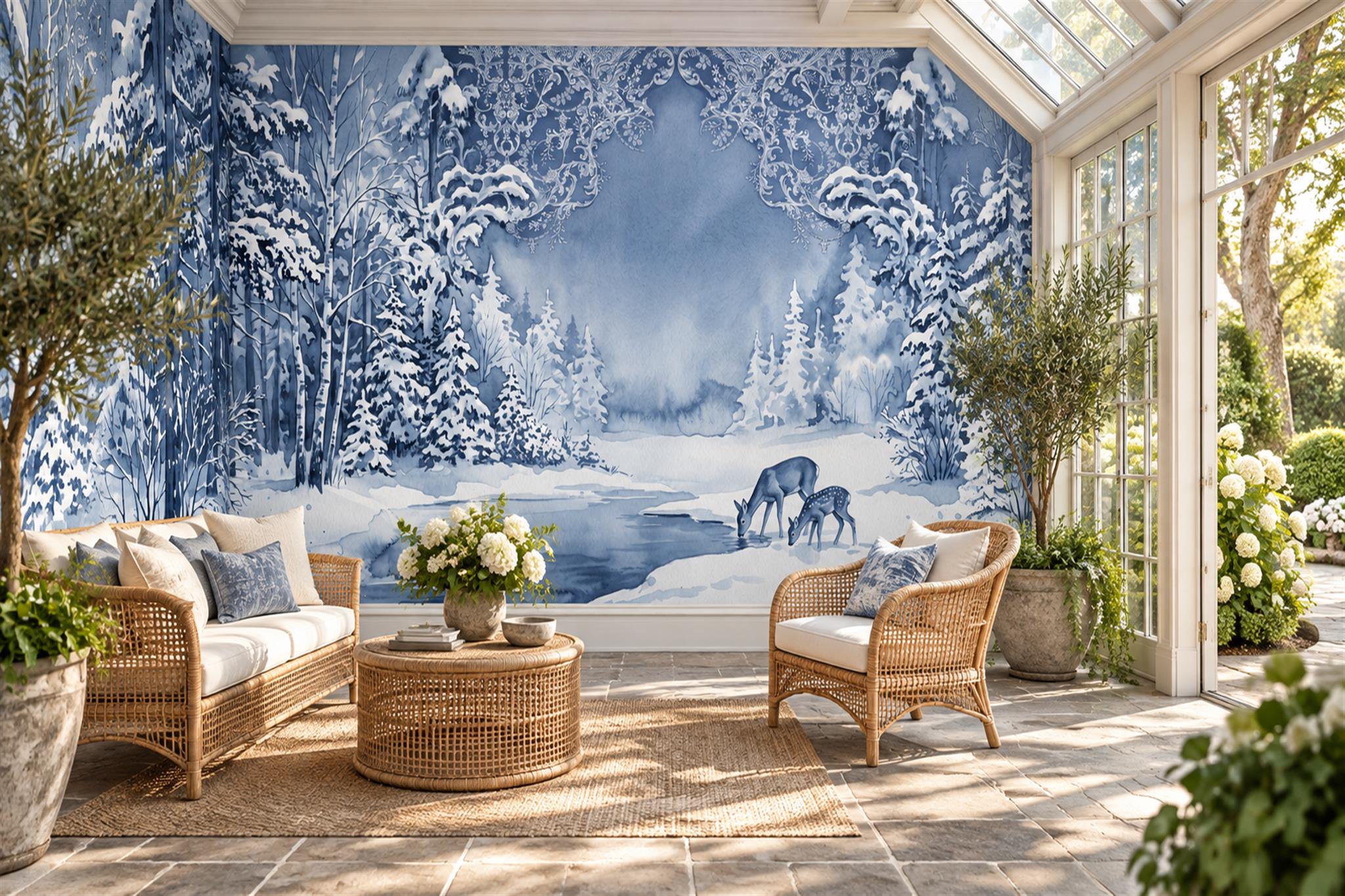 Blue Deer Illustrated Wallpaper Mural, Peel-and-stick Finish