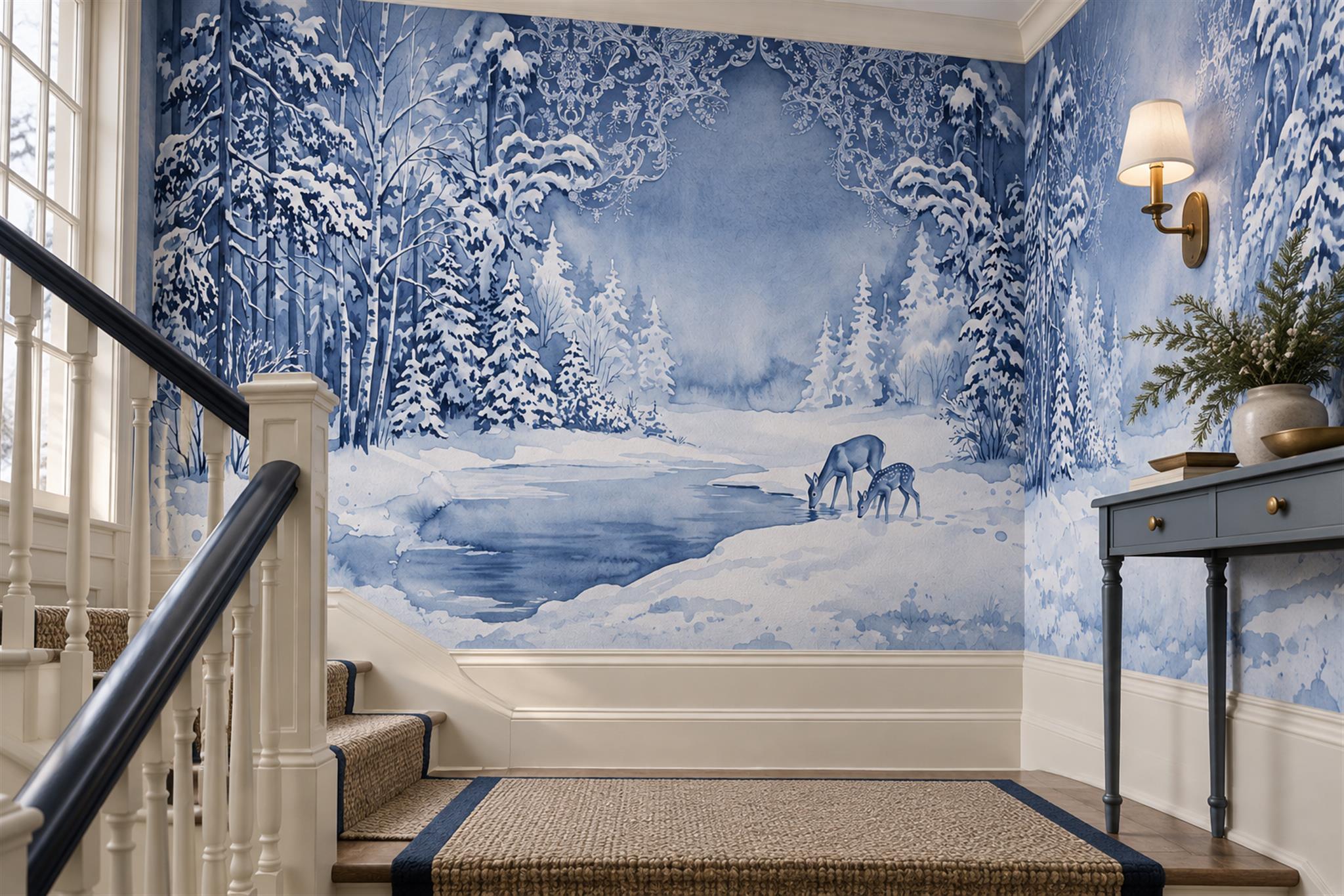 Blue Deer Illustrated Wallpaper Mural Accent-wall-wallpaper-murals, Peel-and-stick Finish