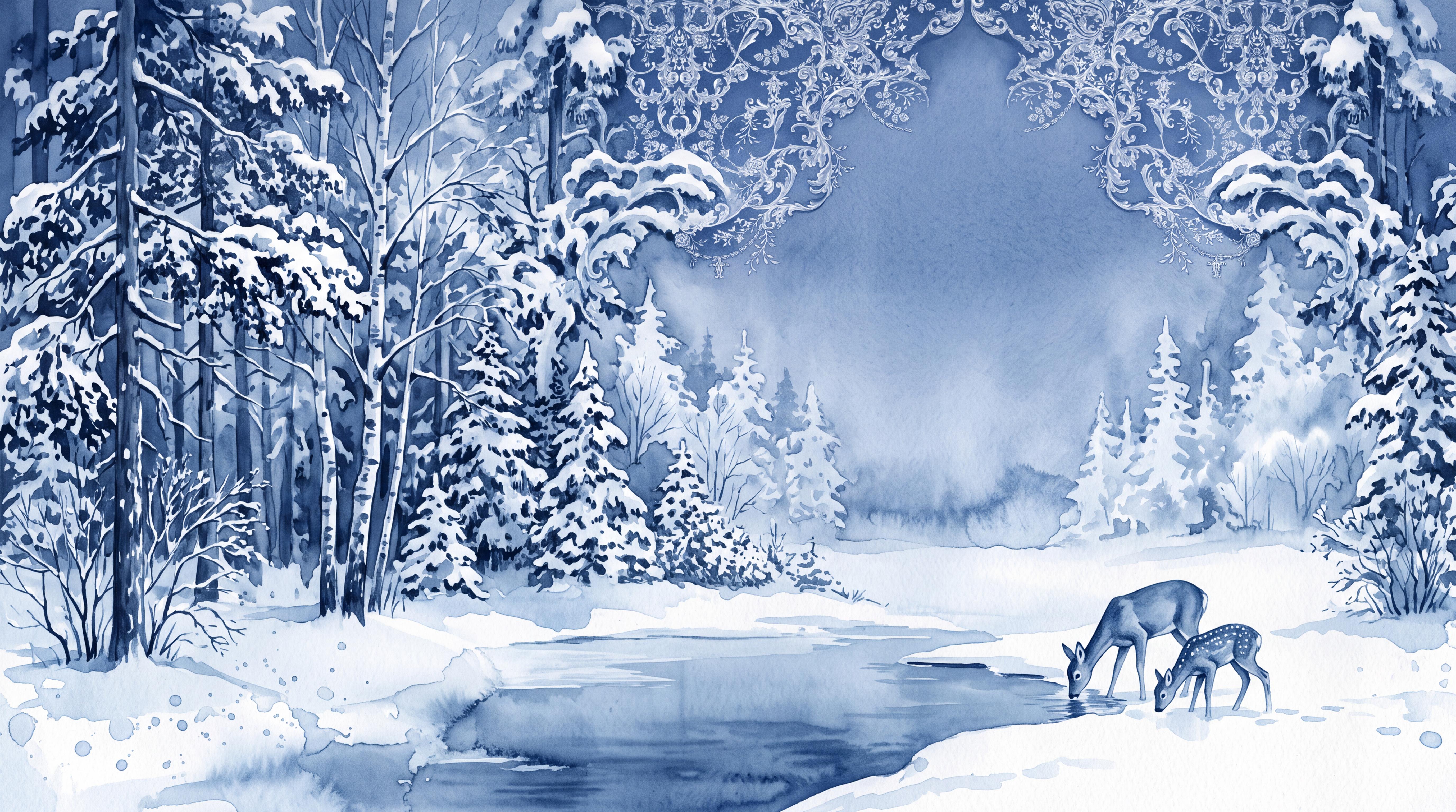 Blue Deer Illustrated Wallpaper Mural, Peel-and-stick Finish