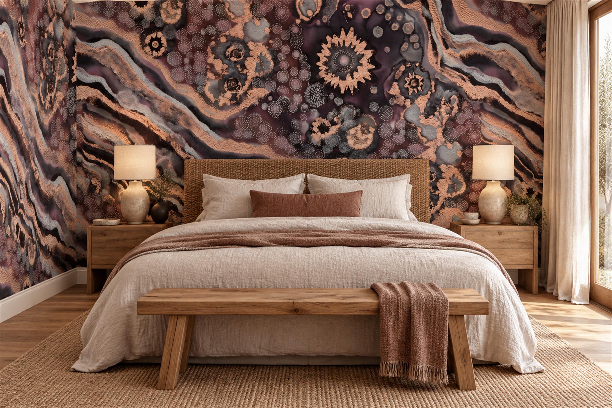 Pink Grey And Black Agate Geode Wallpaper Mural — Installed Wallpaper Mural In A Bedroom, Peel-and-stick Finish