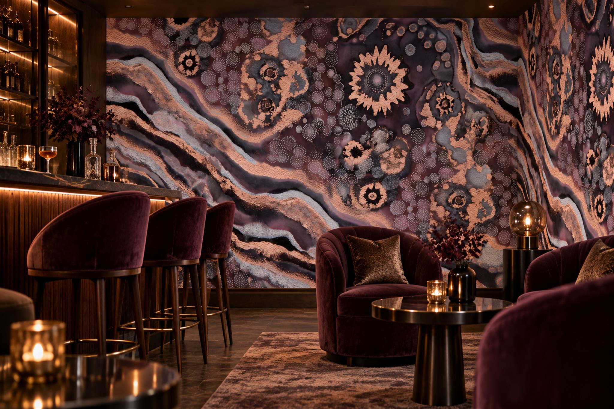 Pink Fluid Artful Wallpaper Mural Living-room-wallpaper-murals, Shown In A Living Room, Peel-and-stick Finish