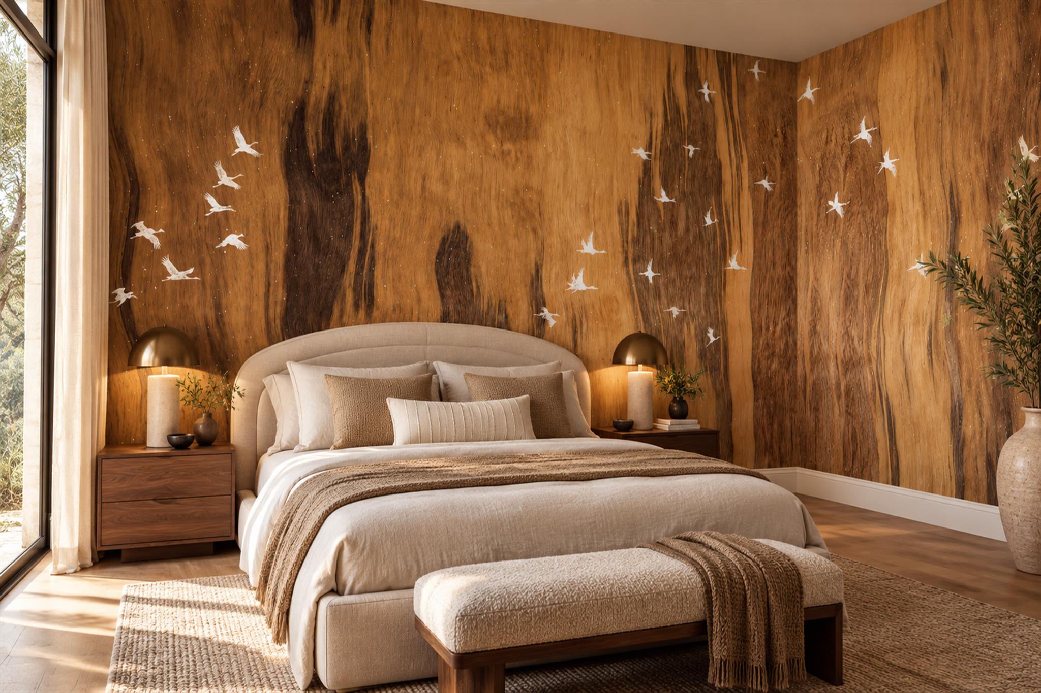 White Birds Across A Warm Woodgrain Wallpaper Mural — Installed Wallpaper Mural In A Bedroom, Peel-and-stick Finish