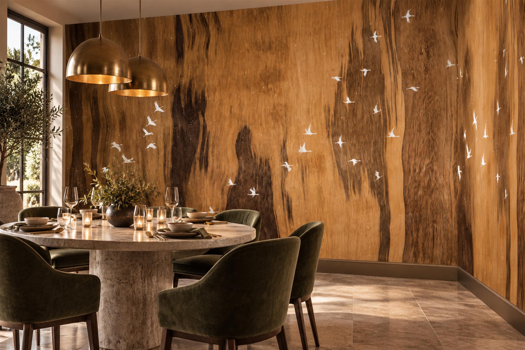 Gold Bird Illustrated Wallpaper Mural Dining-room-wallpaper-murals, Shown In A Dining Room, Peel-and-stick Finish