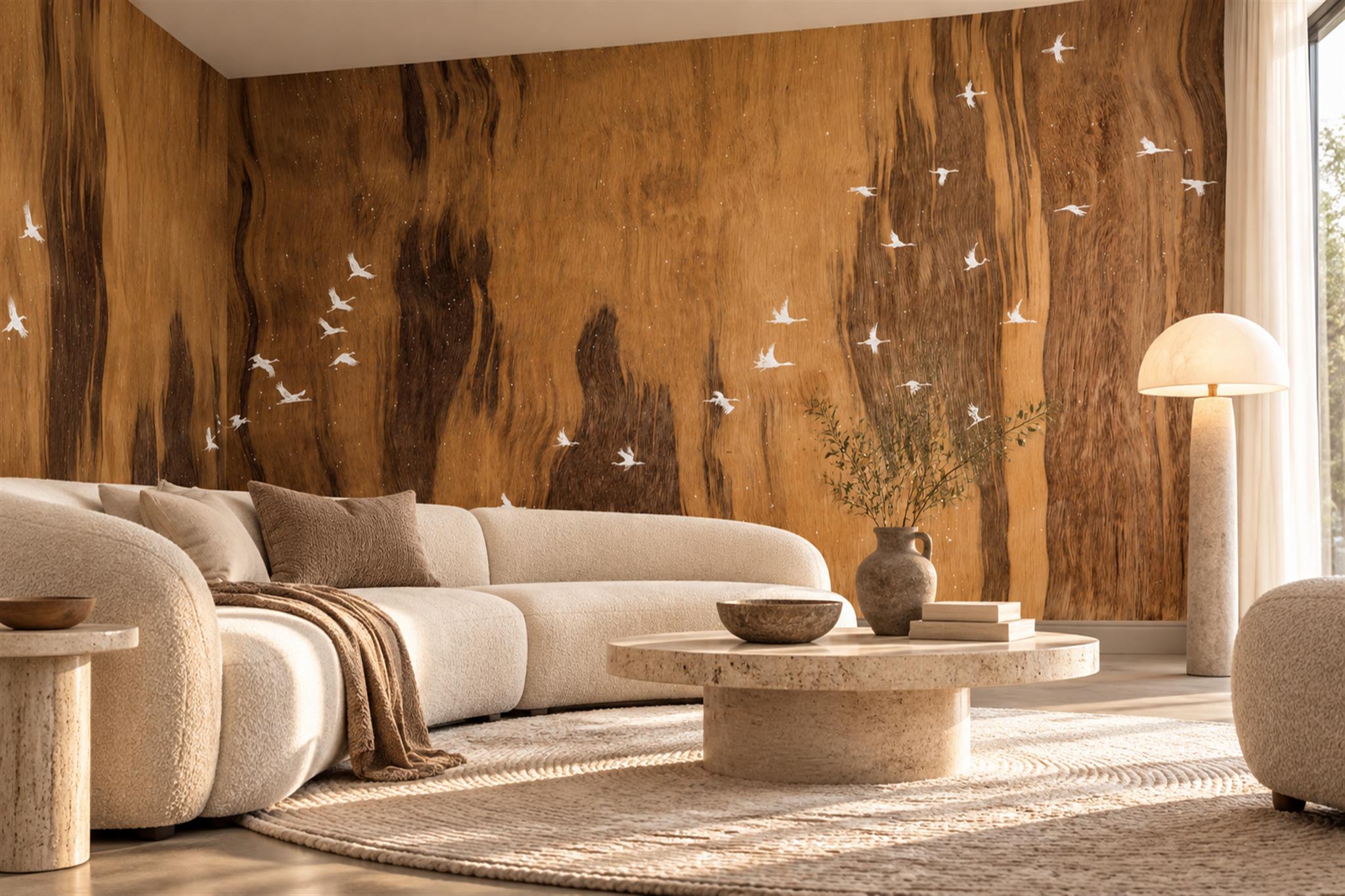 Gold Bird Illustrated Wallpaper Mural Accent-wall-wallpaper-murals, Peel-and-stick Finish