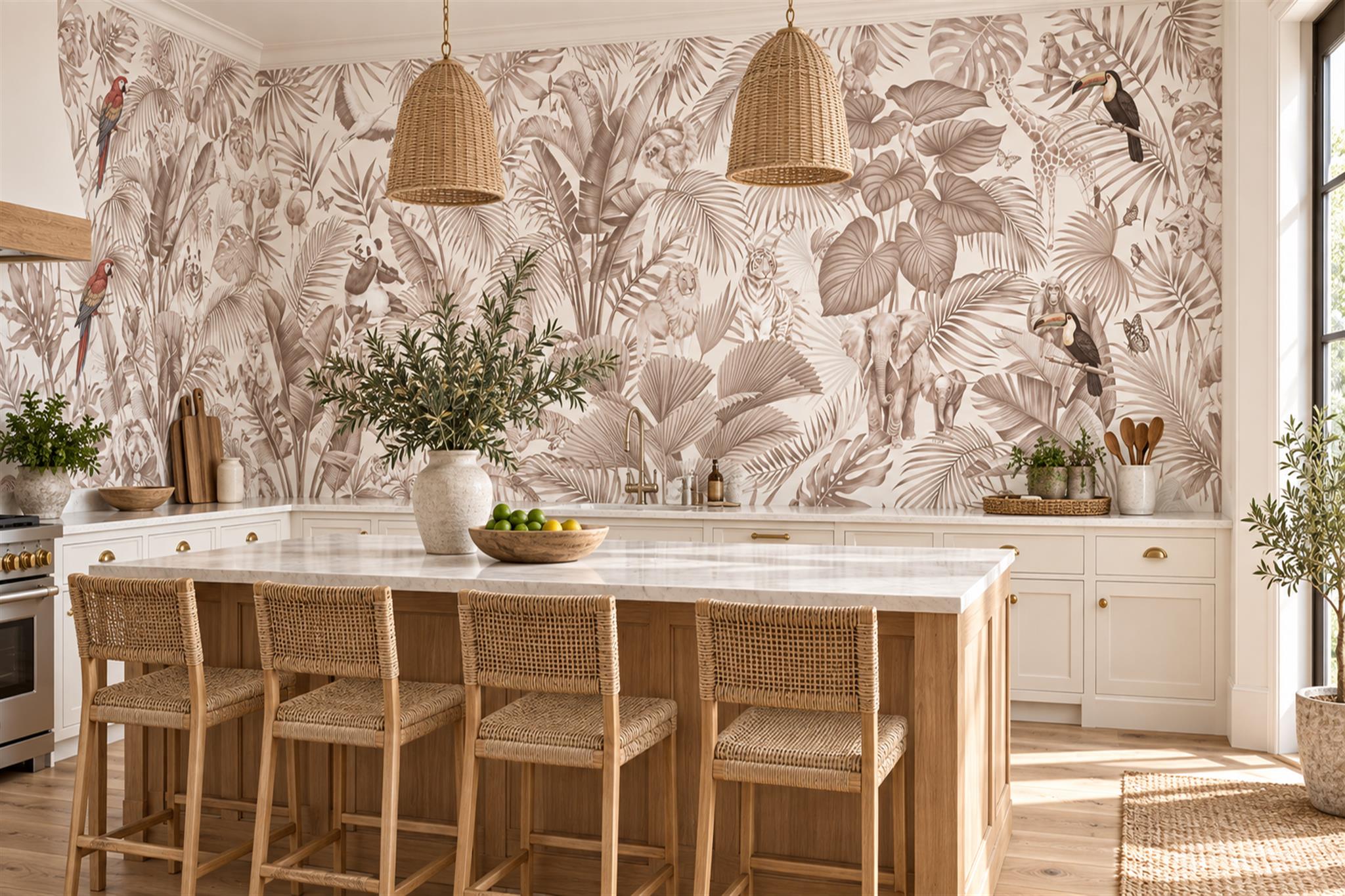 Sepia Tropical Leaves And Jungle Animals Wallpaper Mural — Wallpaper Mural Design, Peel-and-stick Finish