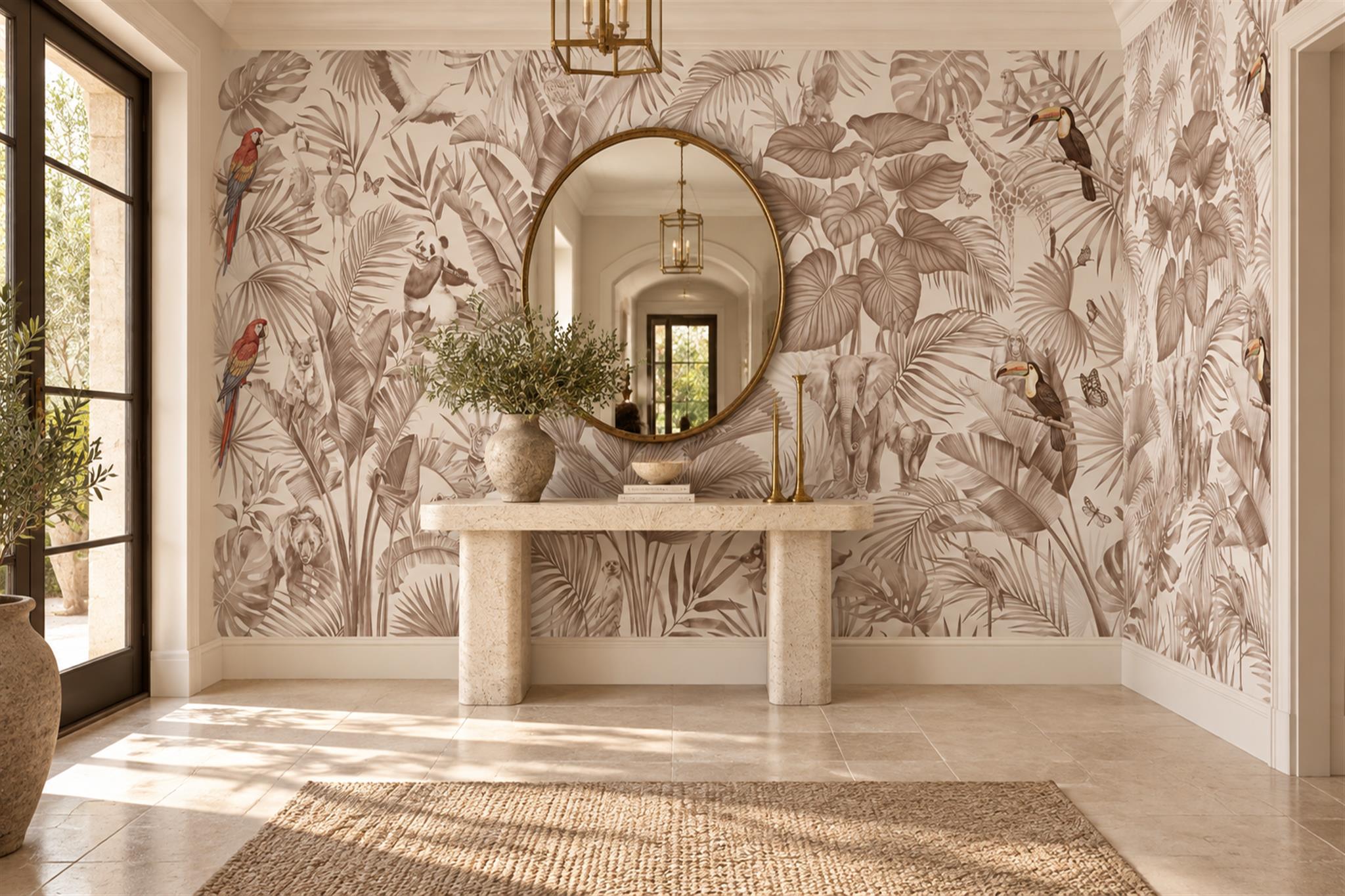 Brown Tropical Artful Wallpaper Mural Entryway-wallpaper-murals, Peel-and-stick Finish