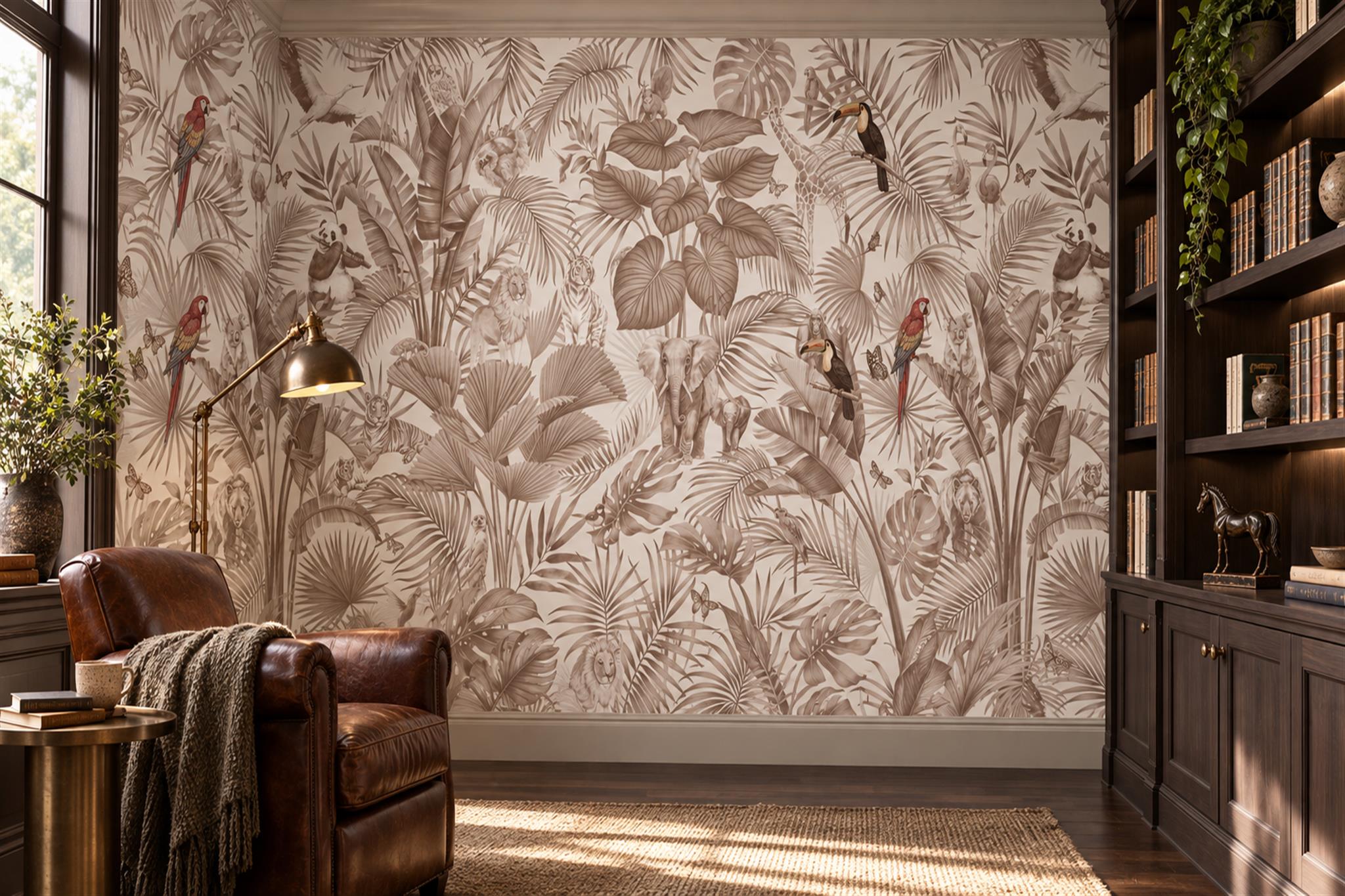 Brown Tropical Artful Wallpaper Mural Home-office-wallpaper-murals, Shown In A Home Office, Peel-and-stick Finish