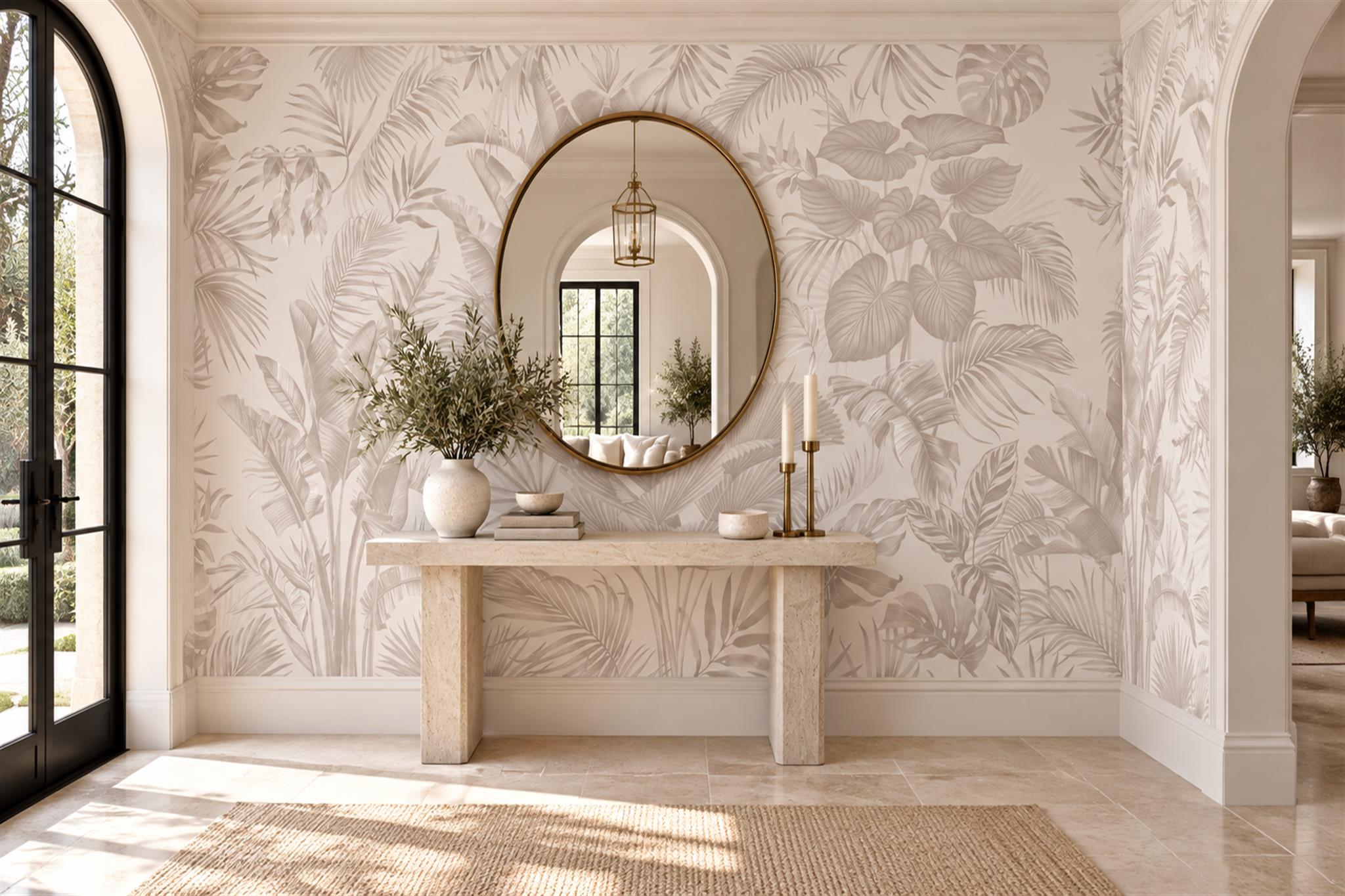 Beige Leaf Botanical Organic Wallpaper Mural Entryway-wallpaper-murals, Peel-and-stick Finish