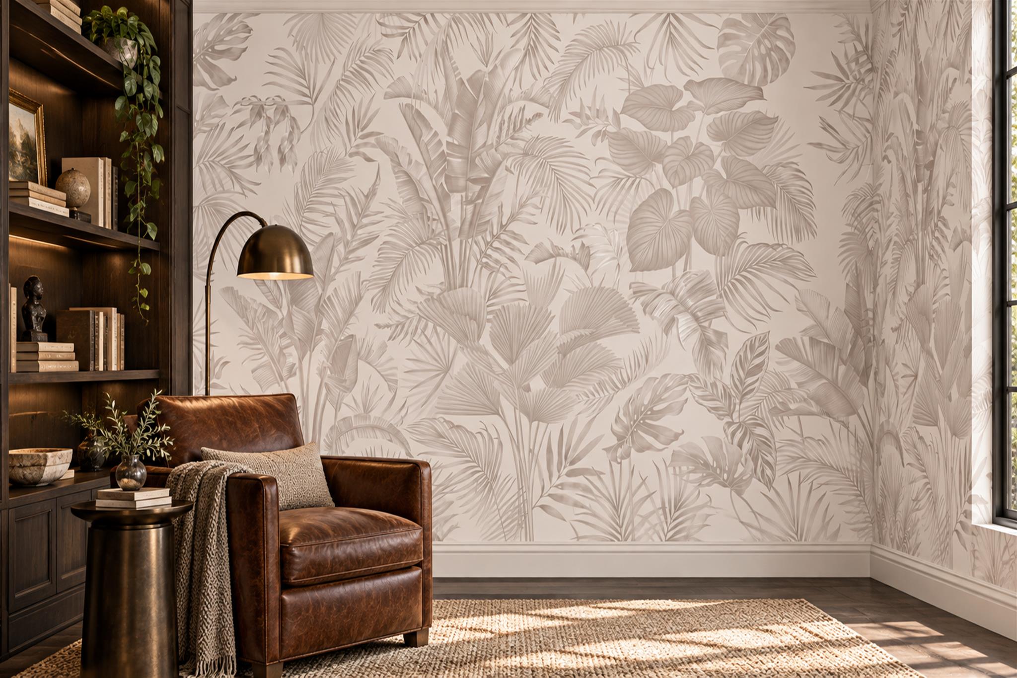 Soft Beige Monochrome Tropical Leaf Wallpaper Mural — Wallpaper Mural Design, Peel-and-stick Finish