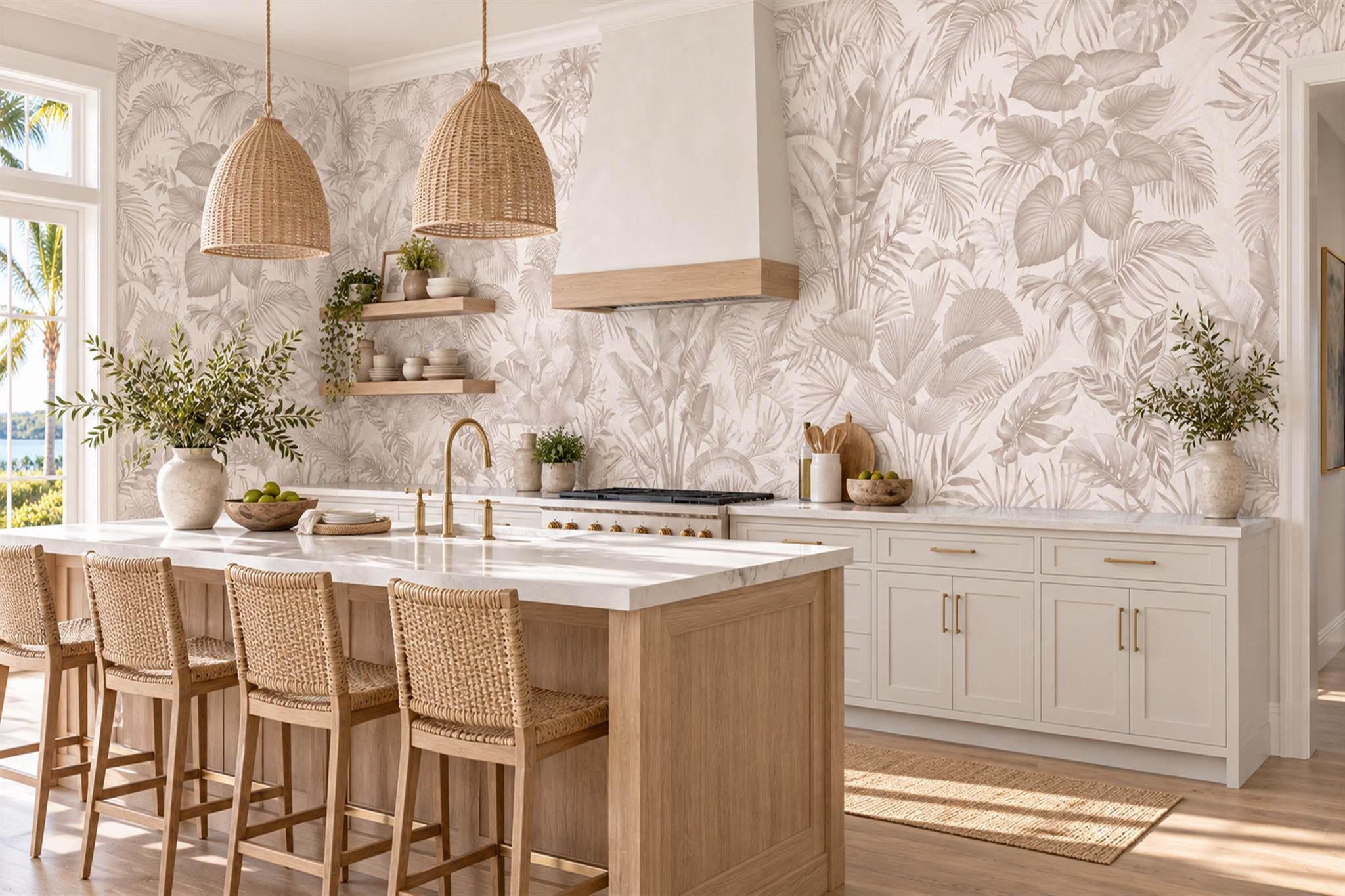 Beige Leaf Botanical Organic Wallpaper Mural Dining-room-wallpaper-murals, Shown In A Dining Room, Peel-and-stick Finish