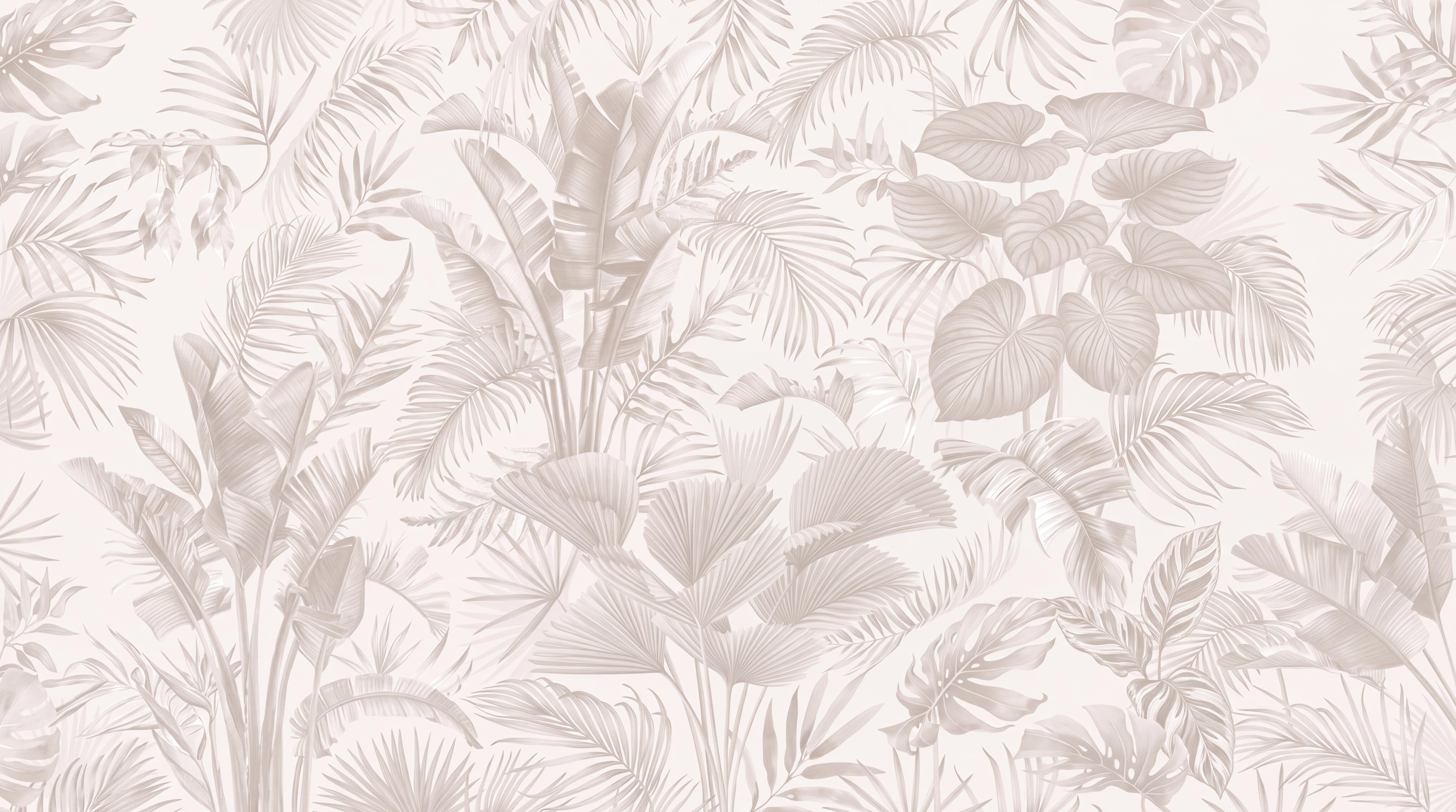 Pale taupe mural artwork showing overlapping palm fronds and broad tropical leaves