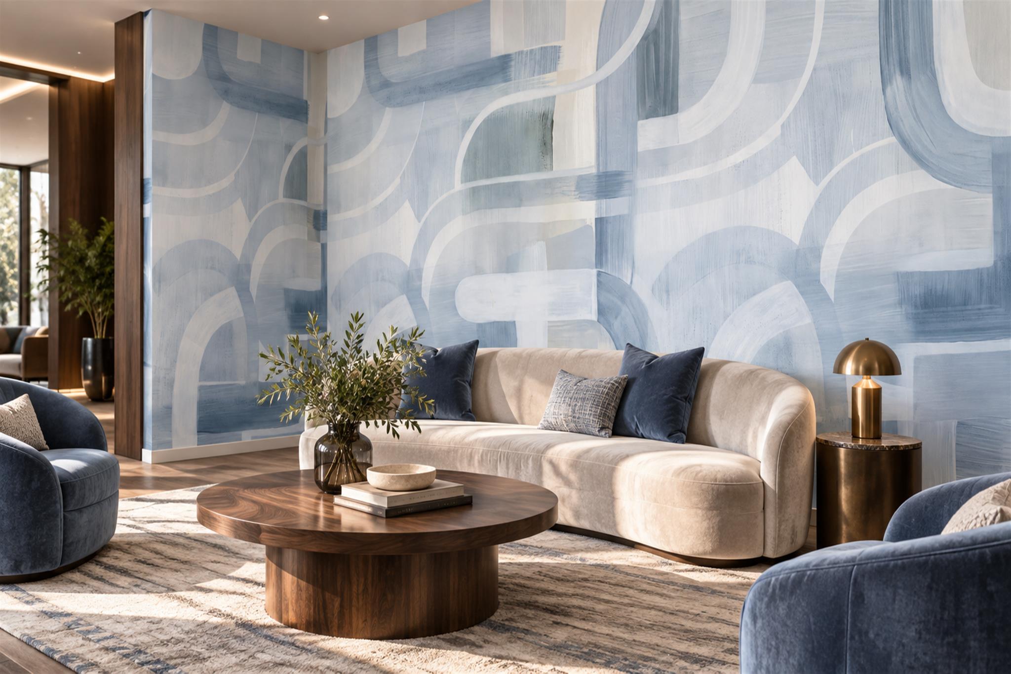 Blue Pattern Decorative Wallpaper Mural Painterly Curved Wallpaper Mural Accent-wall-wallpaper-murals, Peel-and-stick Finish
