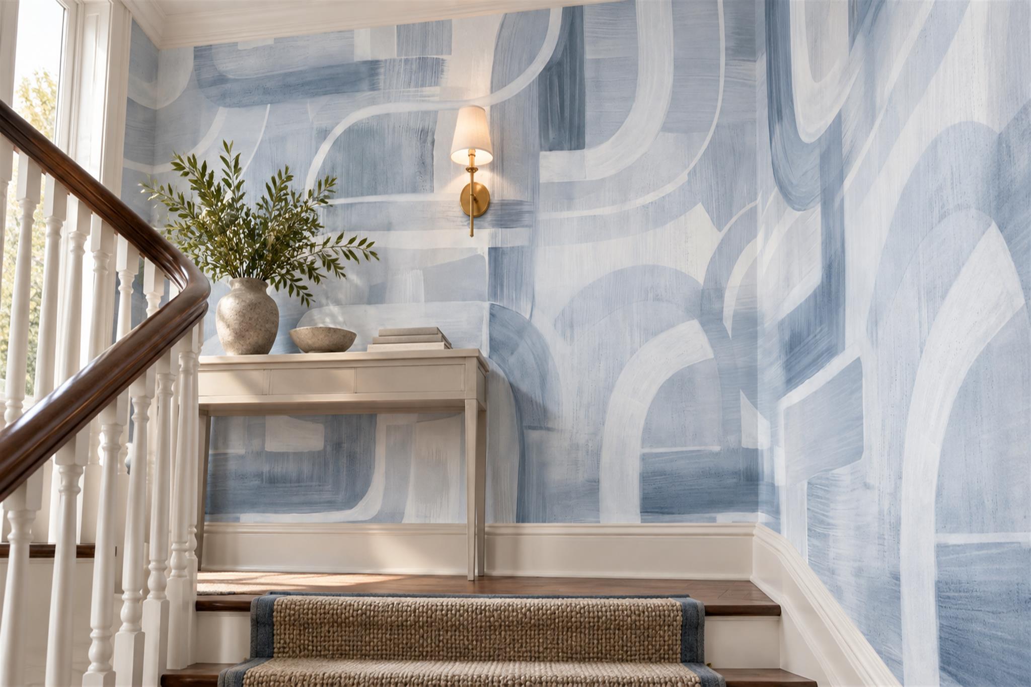 Blue Pattern Decorative Wallpaper Mural Painterly Curved Wallpaper Mural Hallway-wallpaper-murals, Peel-and-stick Finish