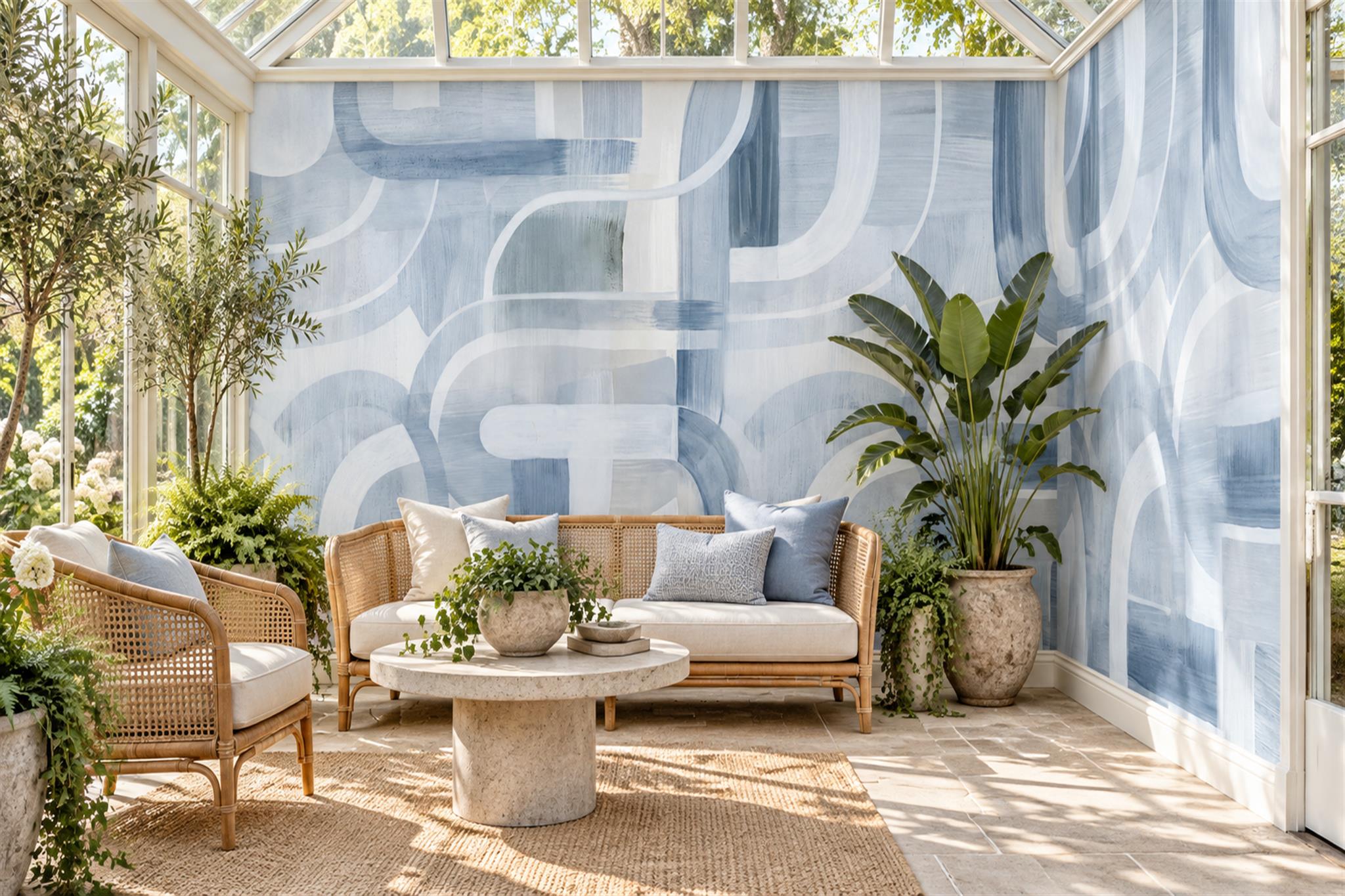 Blue Pattern Decorative Wallpaper Mural Painterly Curved Wallpaper Mural Hallway-wallpaper-murals, Peel-and-stick Finish