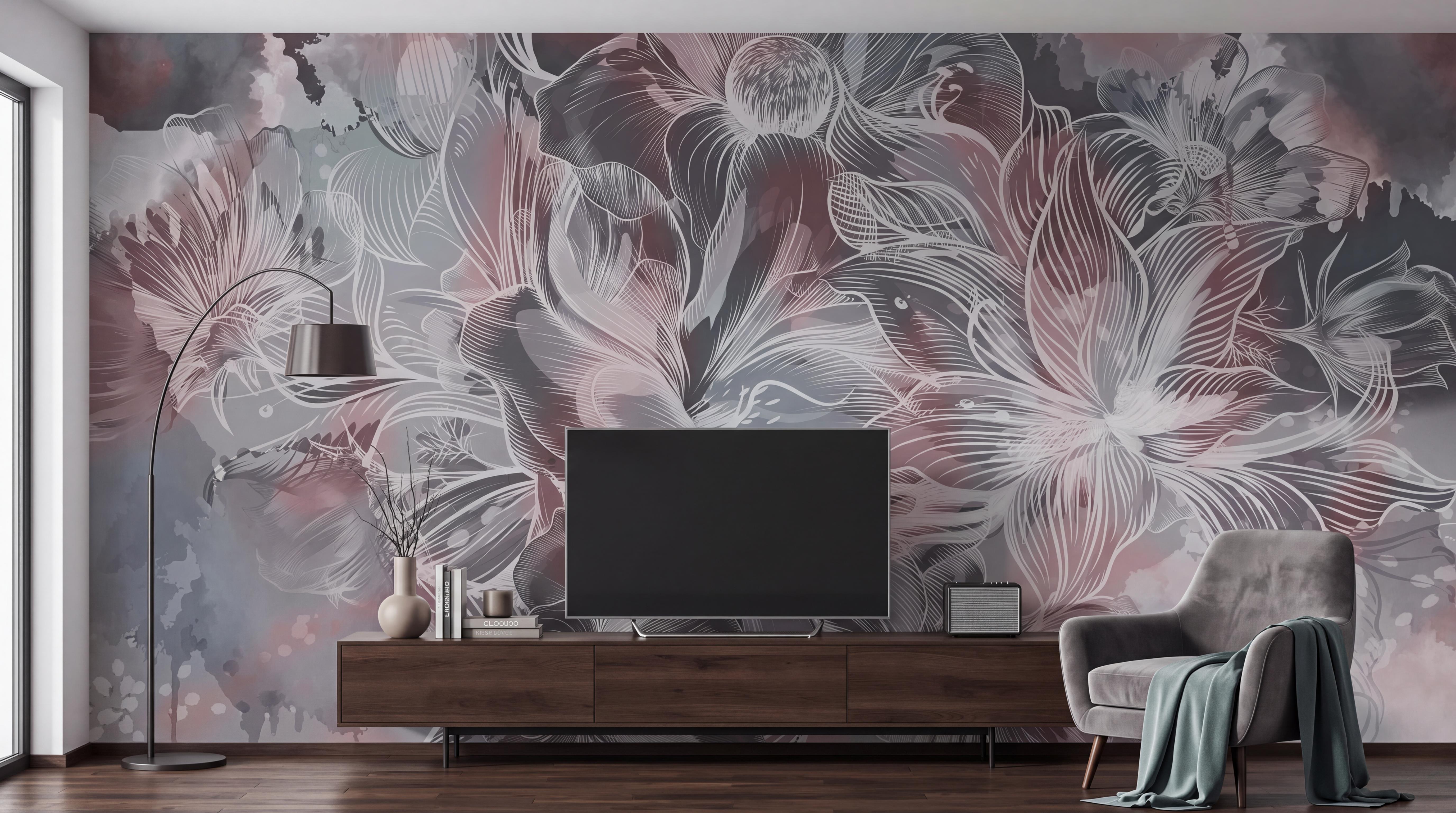 Grey Floral Botanical Vintage Wallpaper Mural, Peel-and-stick Finish