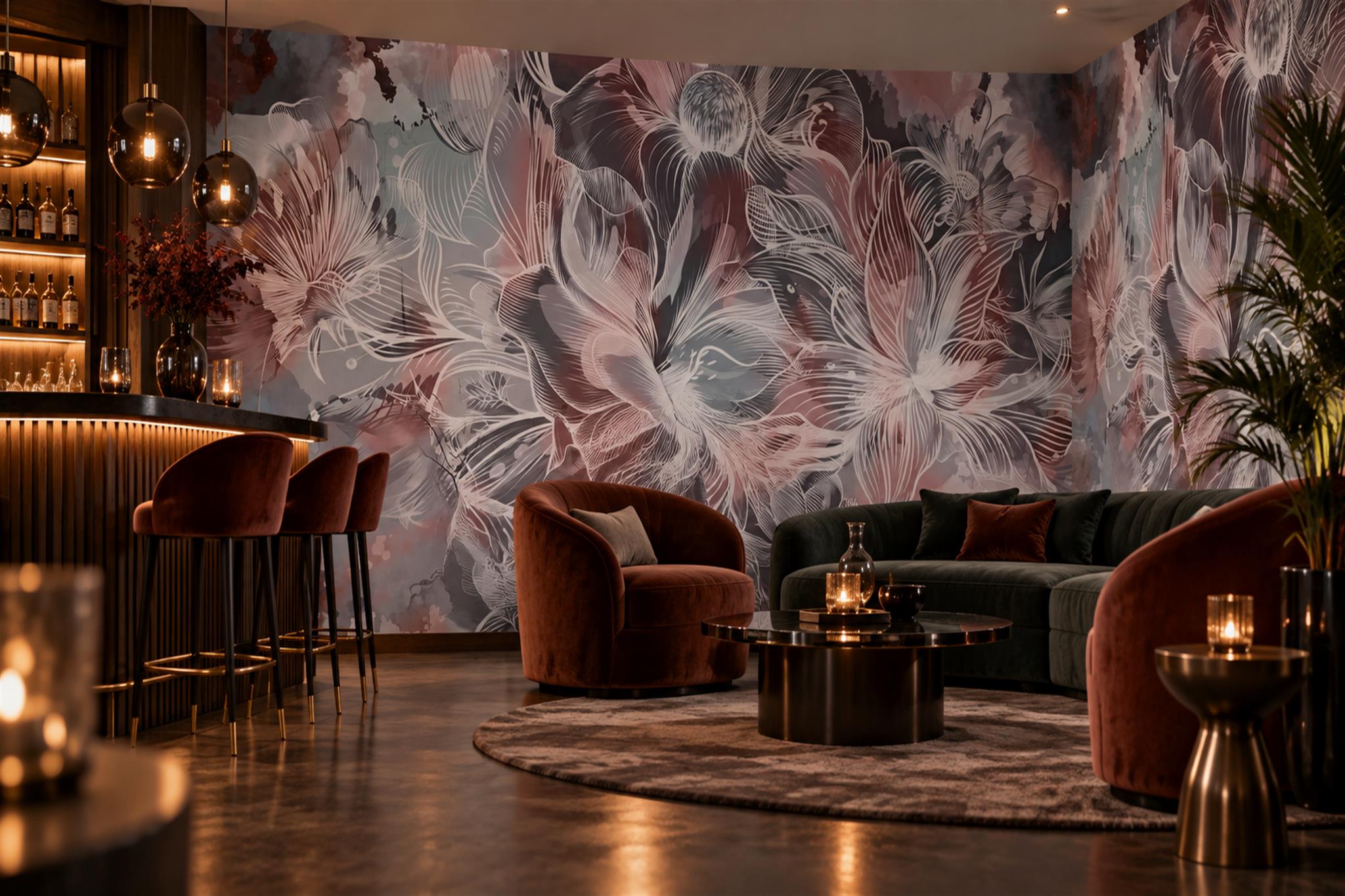 Grey Floral Botanical Vintage Wallpaper Mural Living-room-wallpaper-murals, Shown In A Living Room, Peel-and-stick Finish