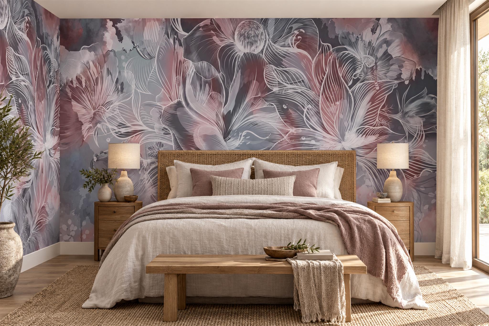 Grey And Blush Botanical Flowers Wallpaper Mural — Installed Wallpaper Mural In A Bedroom, Peel-and-stick Finish