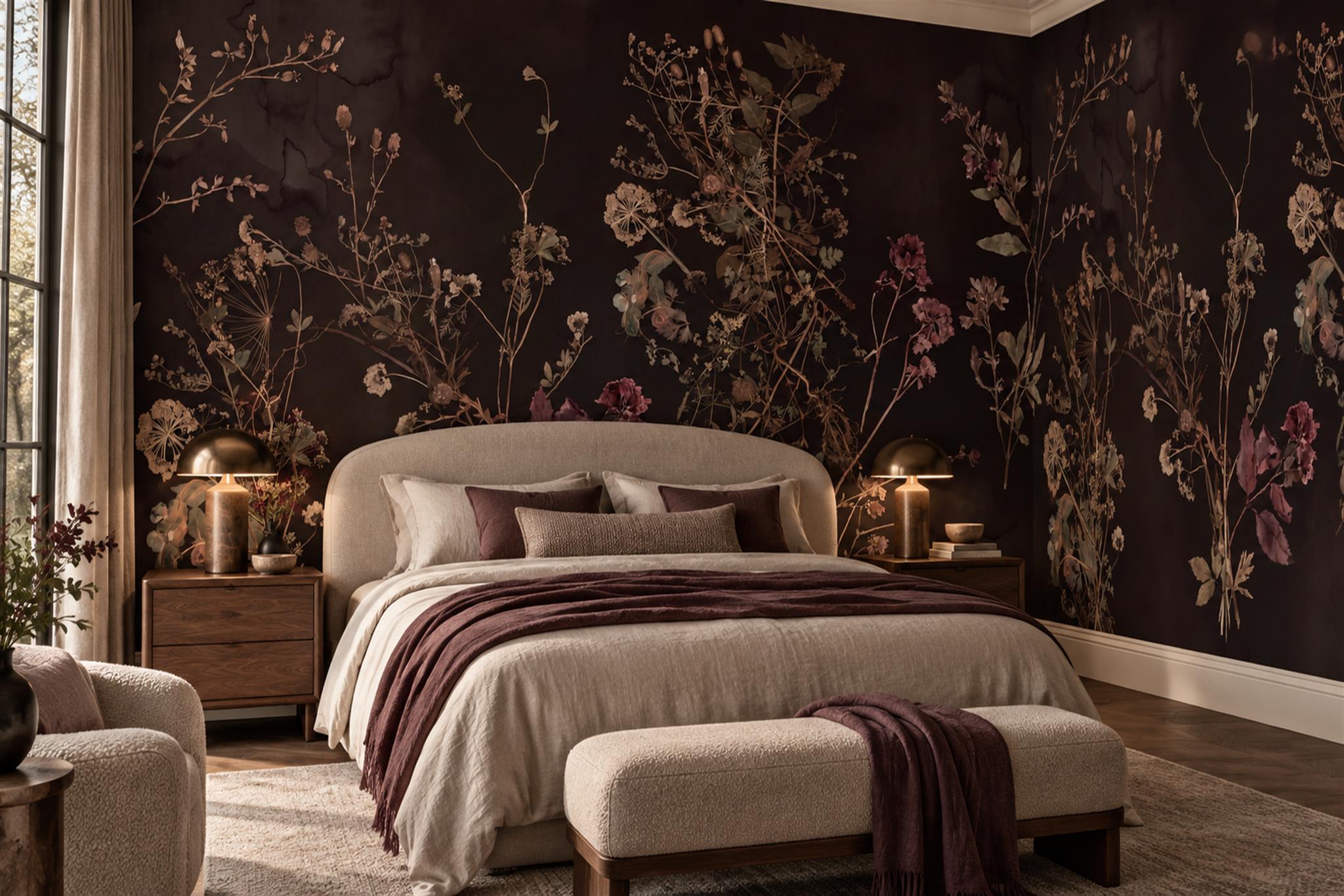Black Botanical Botanical Decorative Wallpaper Mural Bedroom-wallpaper-murals, Peel-and-stick Finish