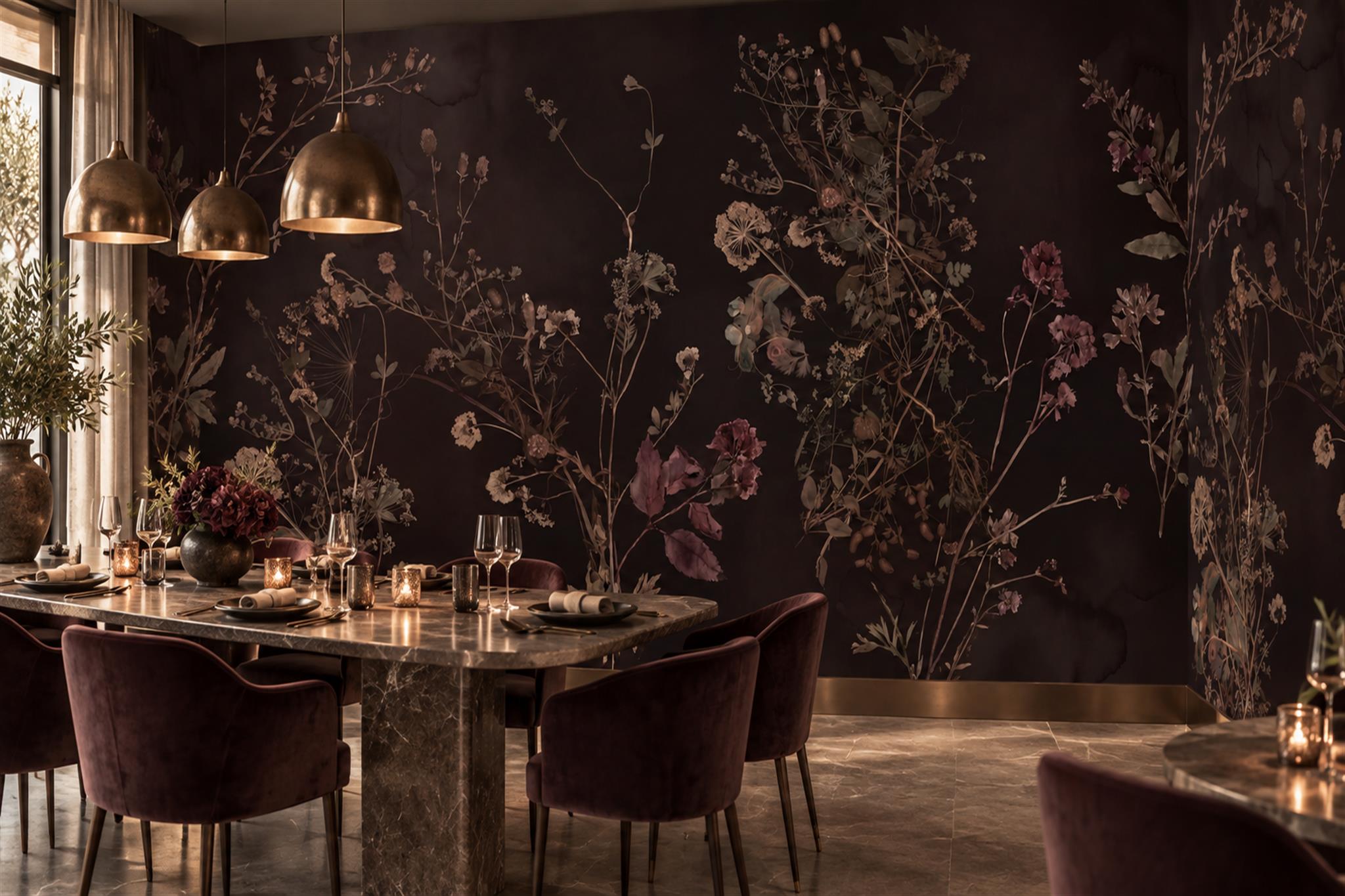 Black Botanical Botanical Decorative Wallpaper Mural Dining-room-wallpaper-murals, Shown In A Dining Room, Peel-and-stick Finish
