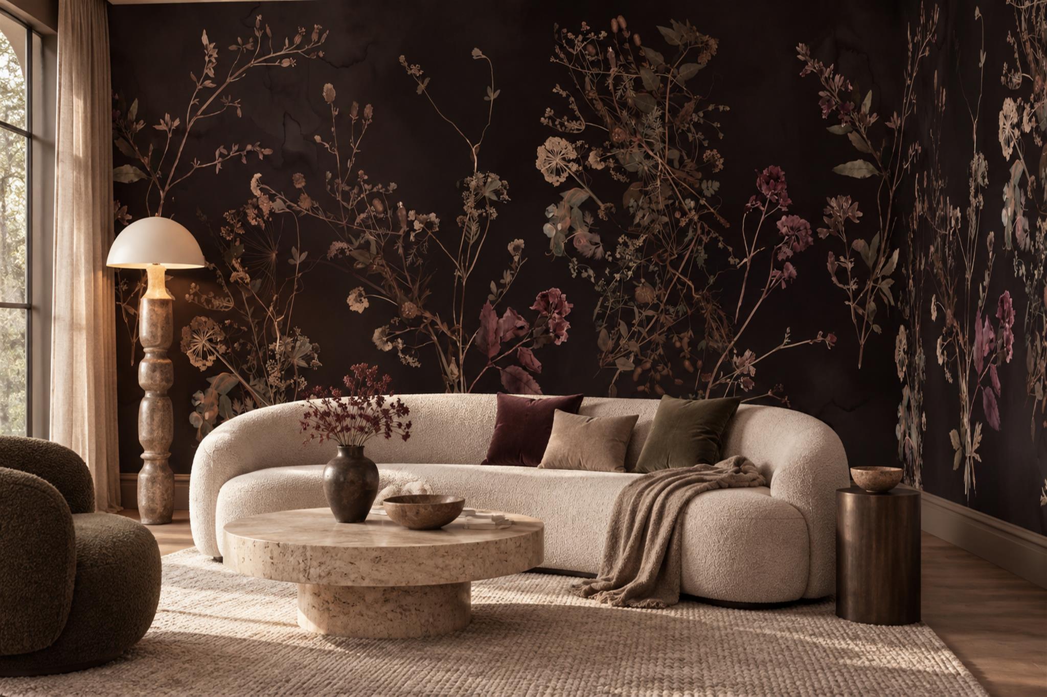 Black Botanical Botanical Decorative Wallpaper Mural Bedroom-wallpaper-murals, Peel-and-stick Finish