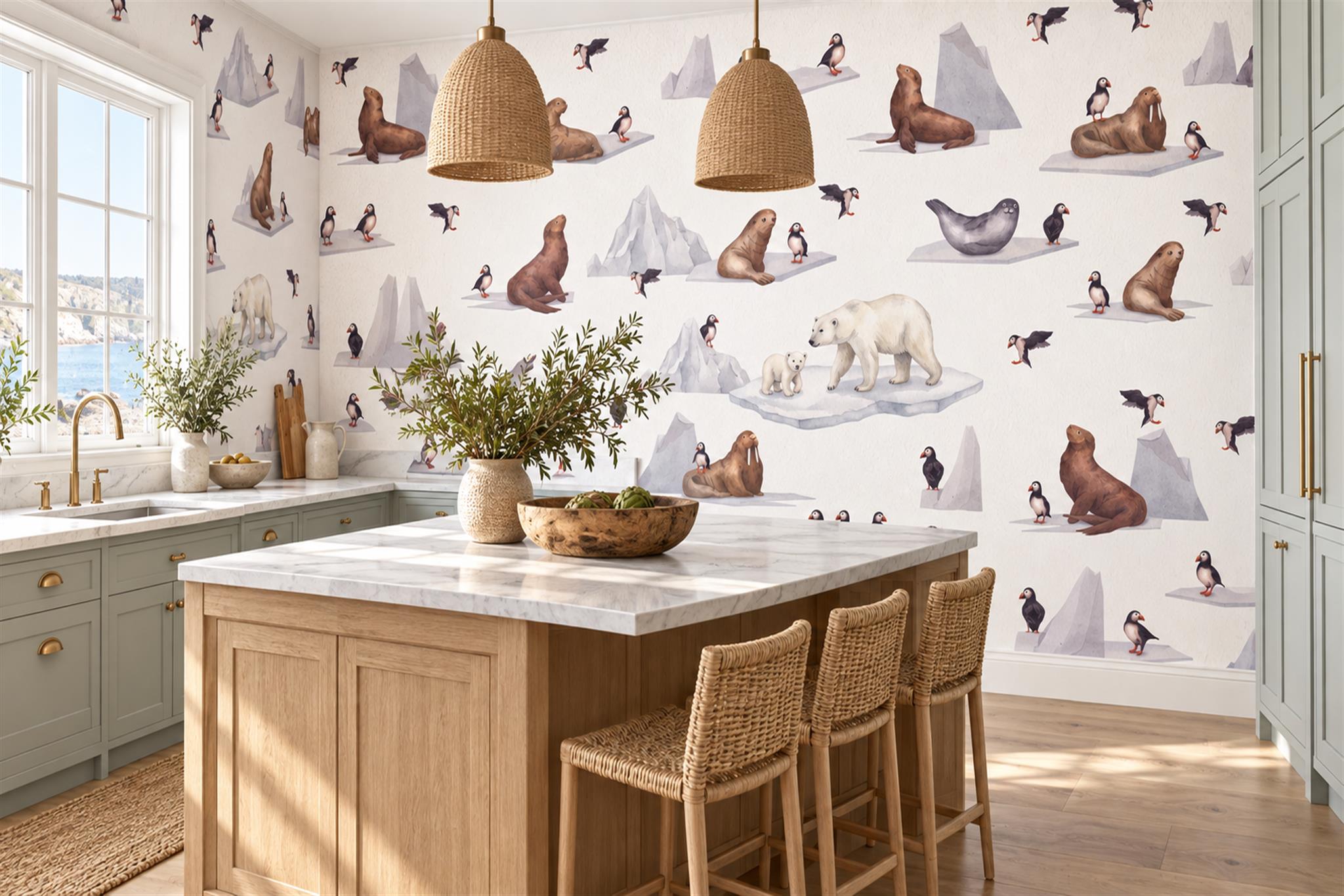 White Pattern Decorative Painterly Wallpaper Mural Dining-room-wallpaper-murals, Shown In A Dining Room, Peel-and-stick Finish