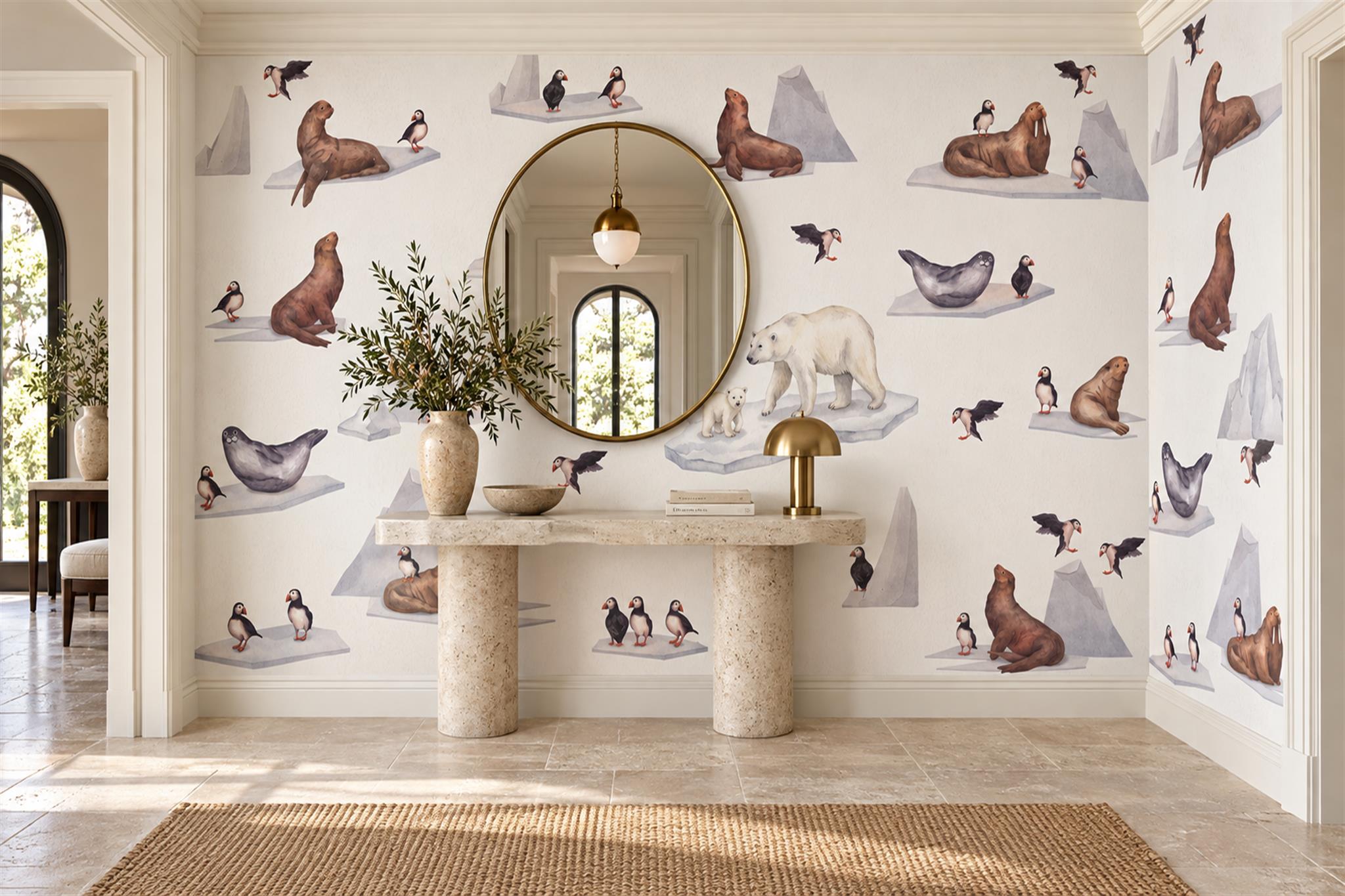 White Pattern Decorative Painterly Wallpaper Mural Entryway-wallpaper-murals, Peel-and-stick Finish
