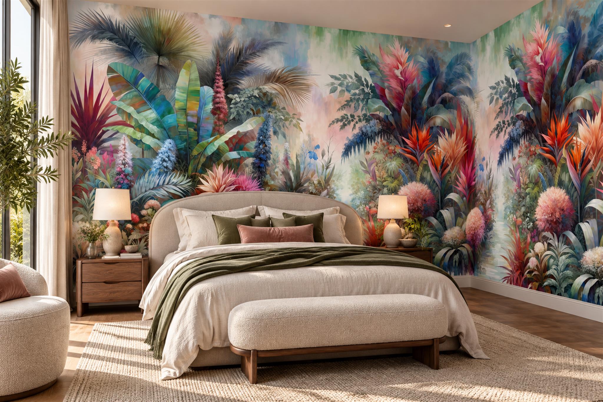 Teal Jungle Scenic Decorative Wallpaper Mural Bedroom-wallpaper-murals, Peel-and-stick Finish