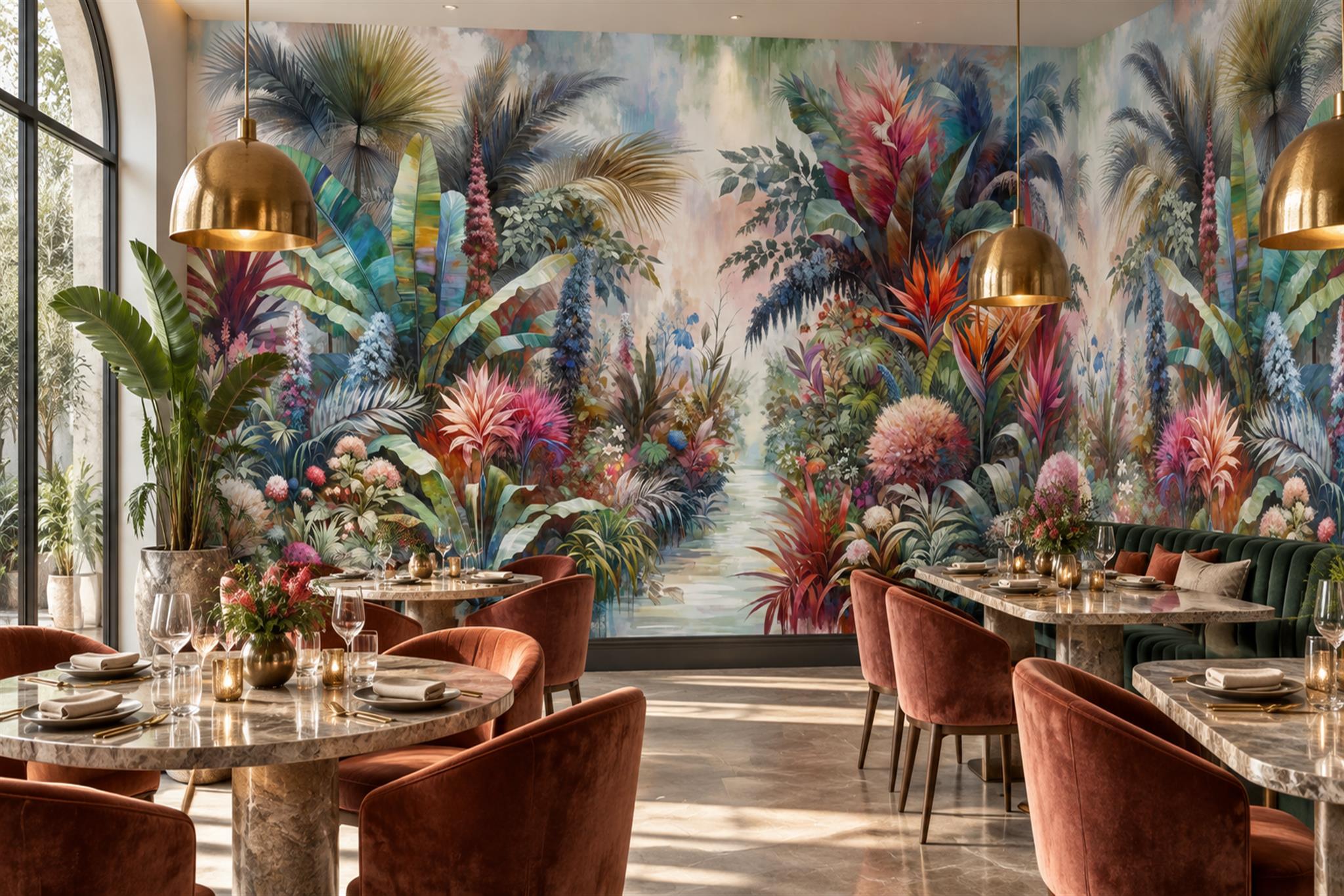 Teal Jungle Scenic Decorative Wallpaper Mural Dining-room-wallpaper-murals, Peel-and-stick Finish