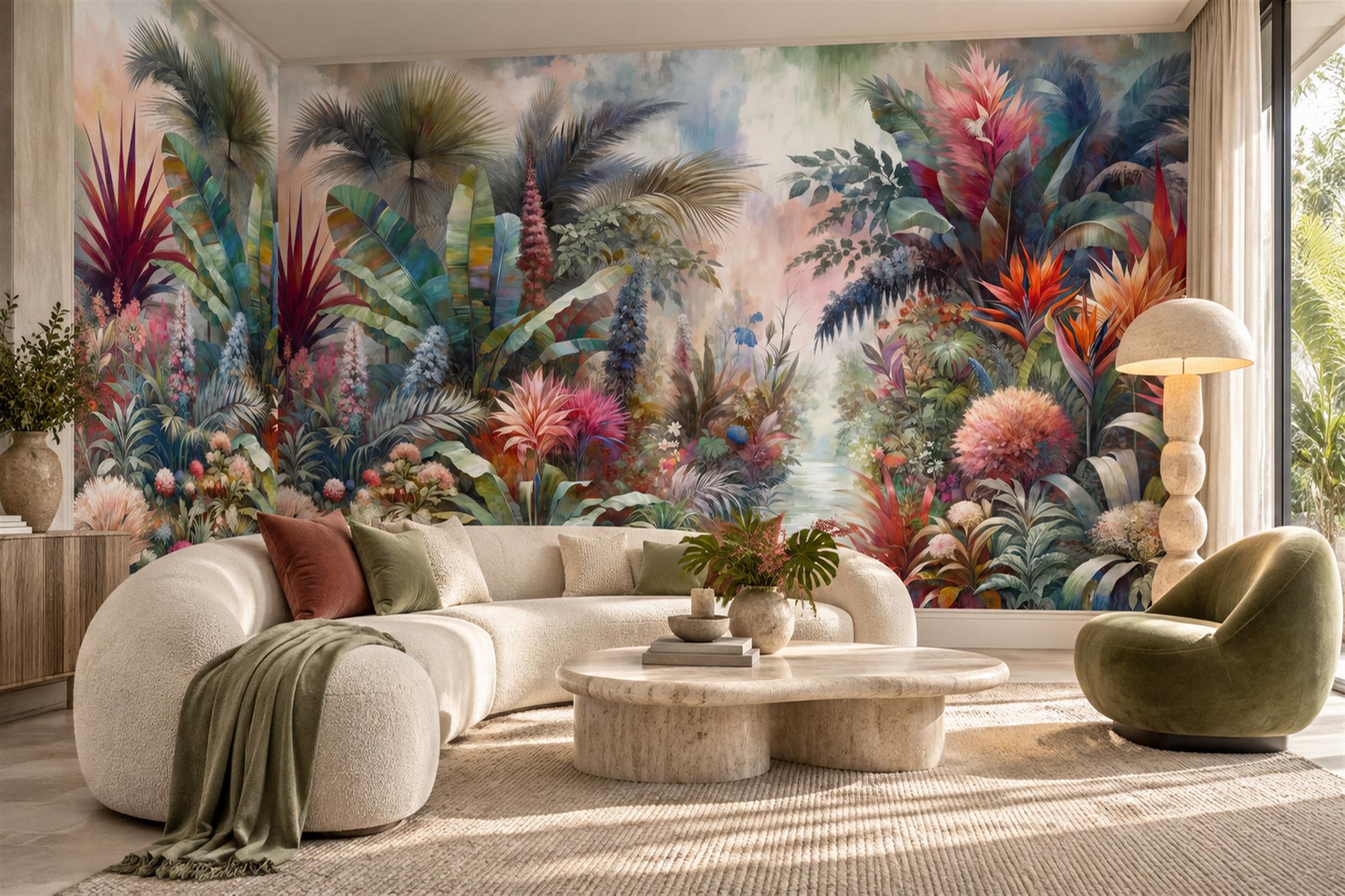 Teal Jungle Scenic Decorative Wallpaper Mural Dining-room-wallpaper-murals, Peel-and-stick Finish