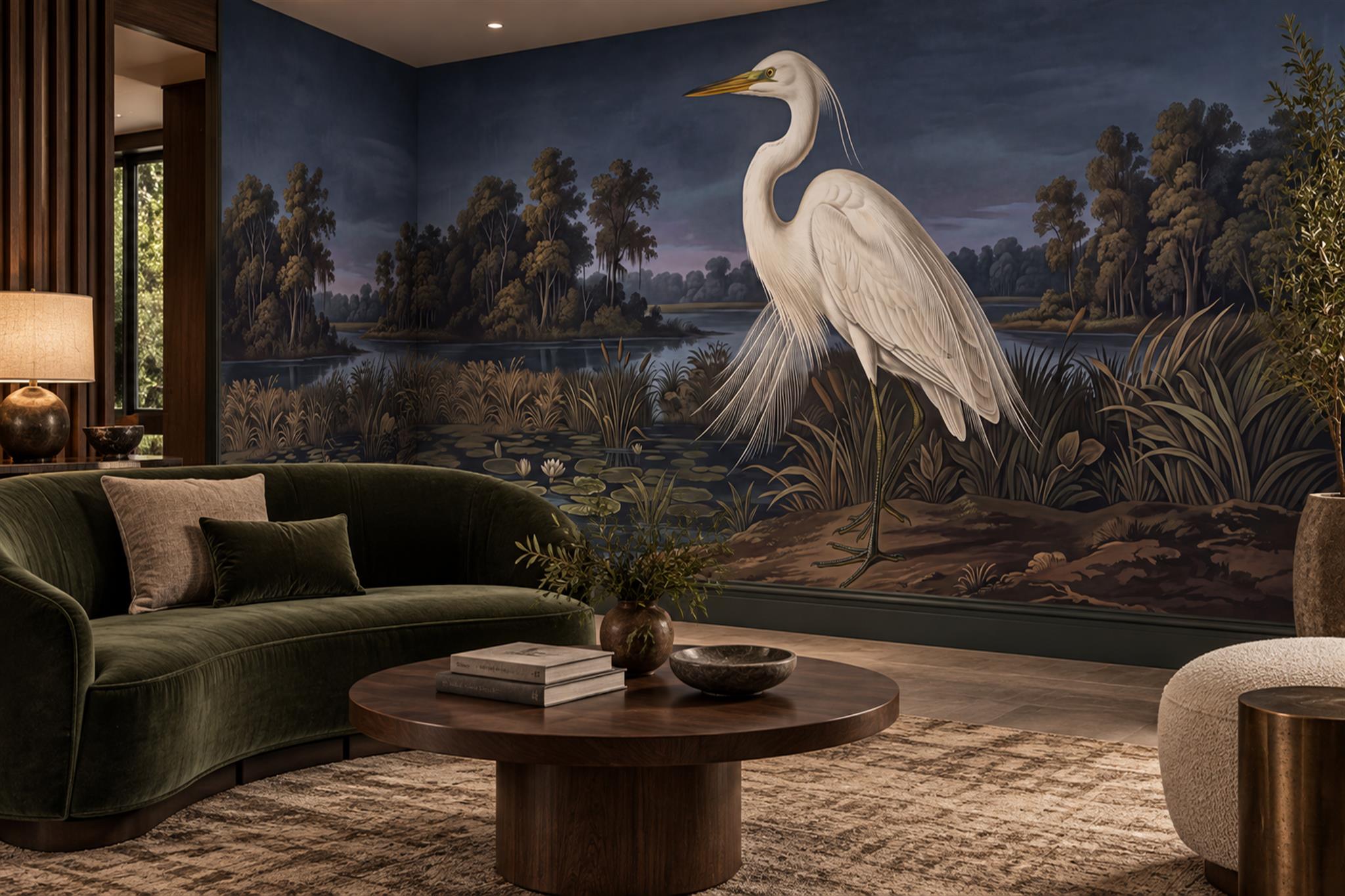 Navy Heron Illustrated Wallpaper Mural Living-room-wallpaper-murals, Shown In A Living Room, Peel-and-stick Finish