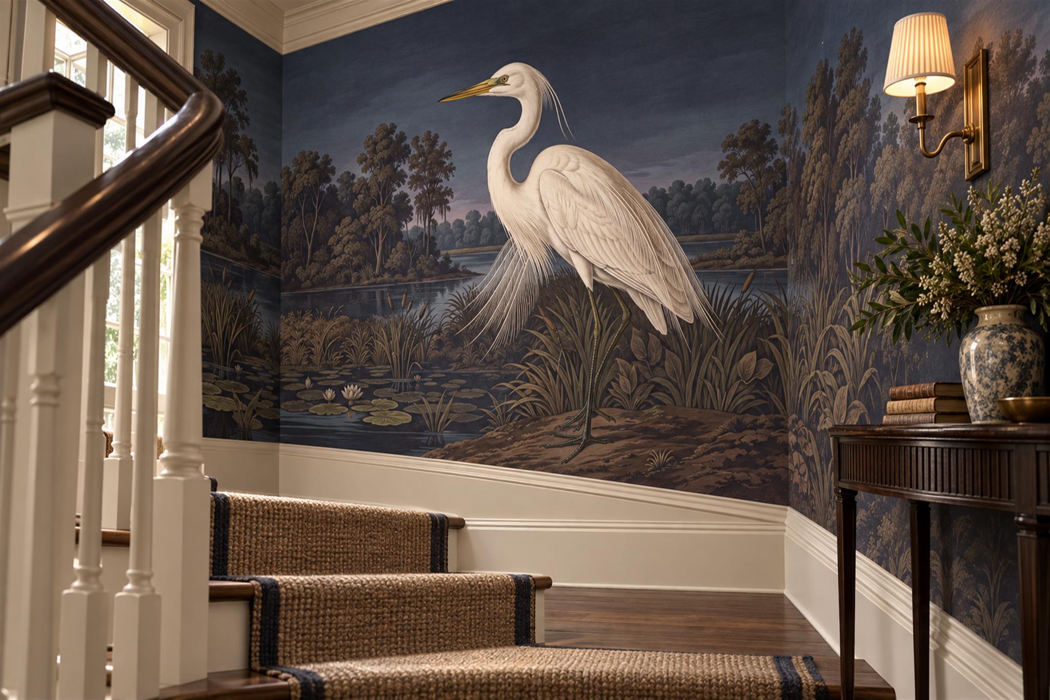 Navy Heron Illustrated Wallpaper Mural Accent-wall-wallpaper-murals, Peel-and-stick Finish