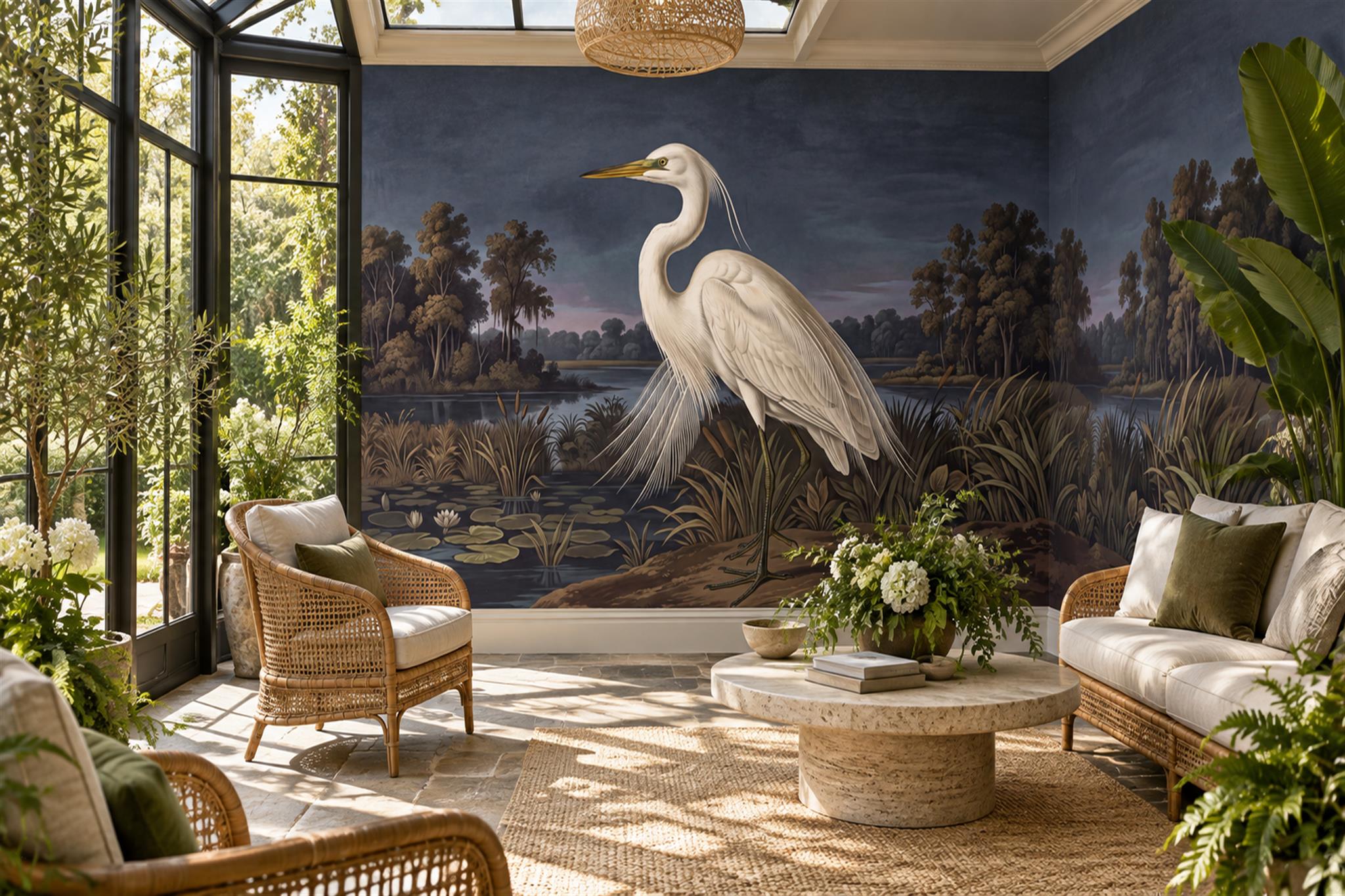 Navy Heron Illustrated Wallpaper Mural Sunroom-wallpaper-murals, Peel-and-stick Finish