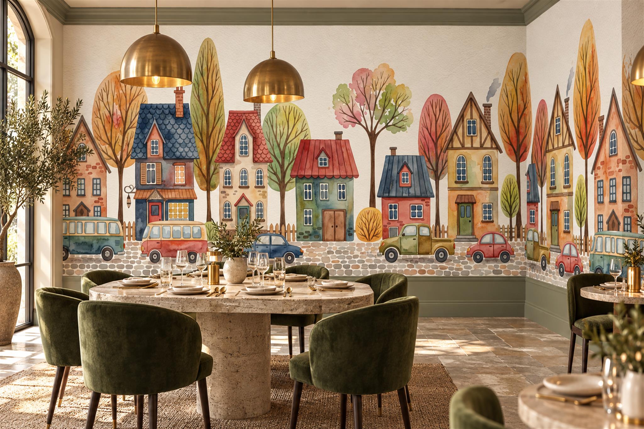 Pastel Pattern Decorative Illustrated Wallpaper Mural Dining-room-wallpaper-murals, Shown In A Dining Room, Peel-and-stick Finish