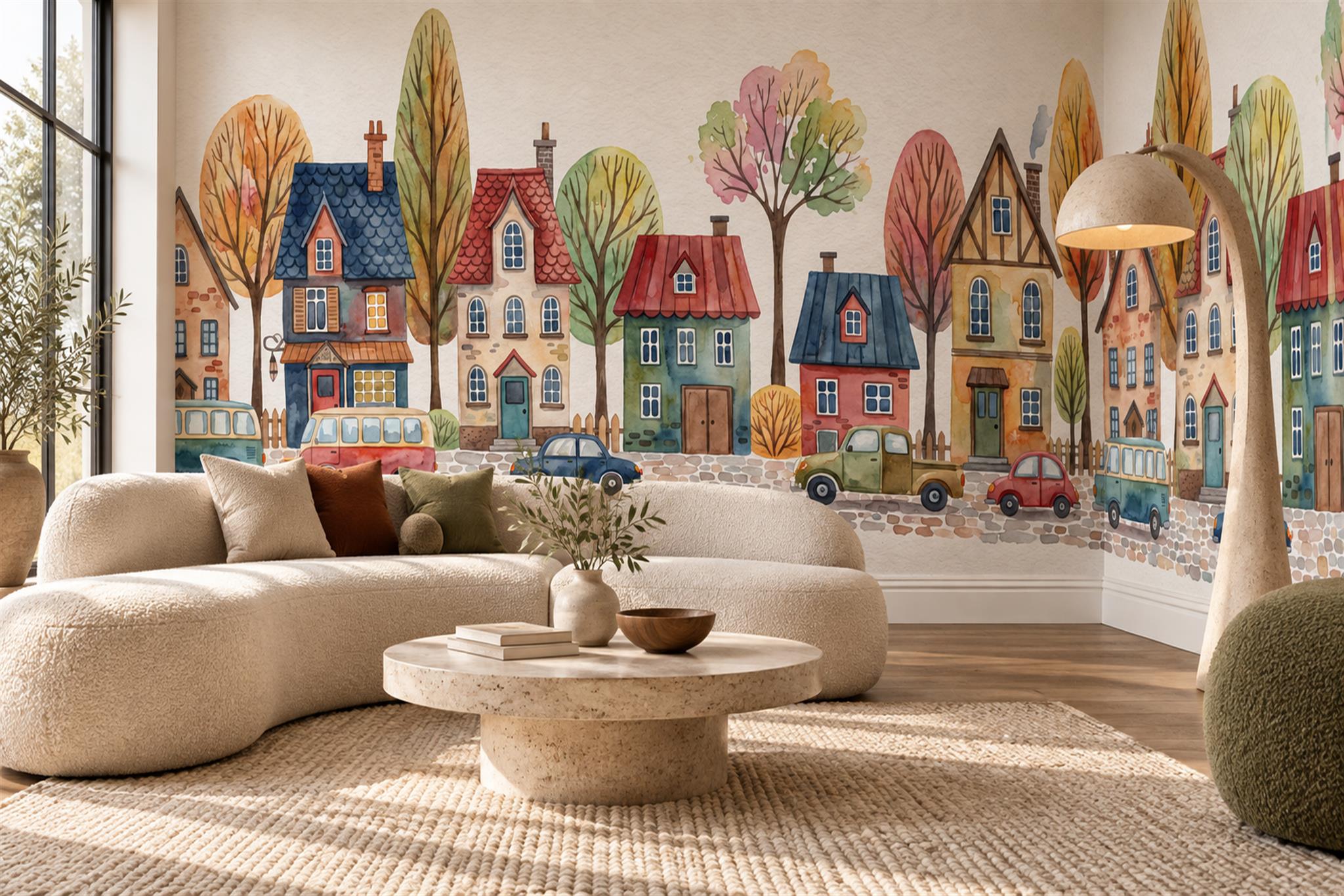 Watercolour Village Houses And Autumn Trees Wallpaper Mural — Wallpaper Mural Design, Peel-and-stick Finish
