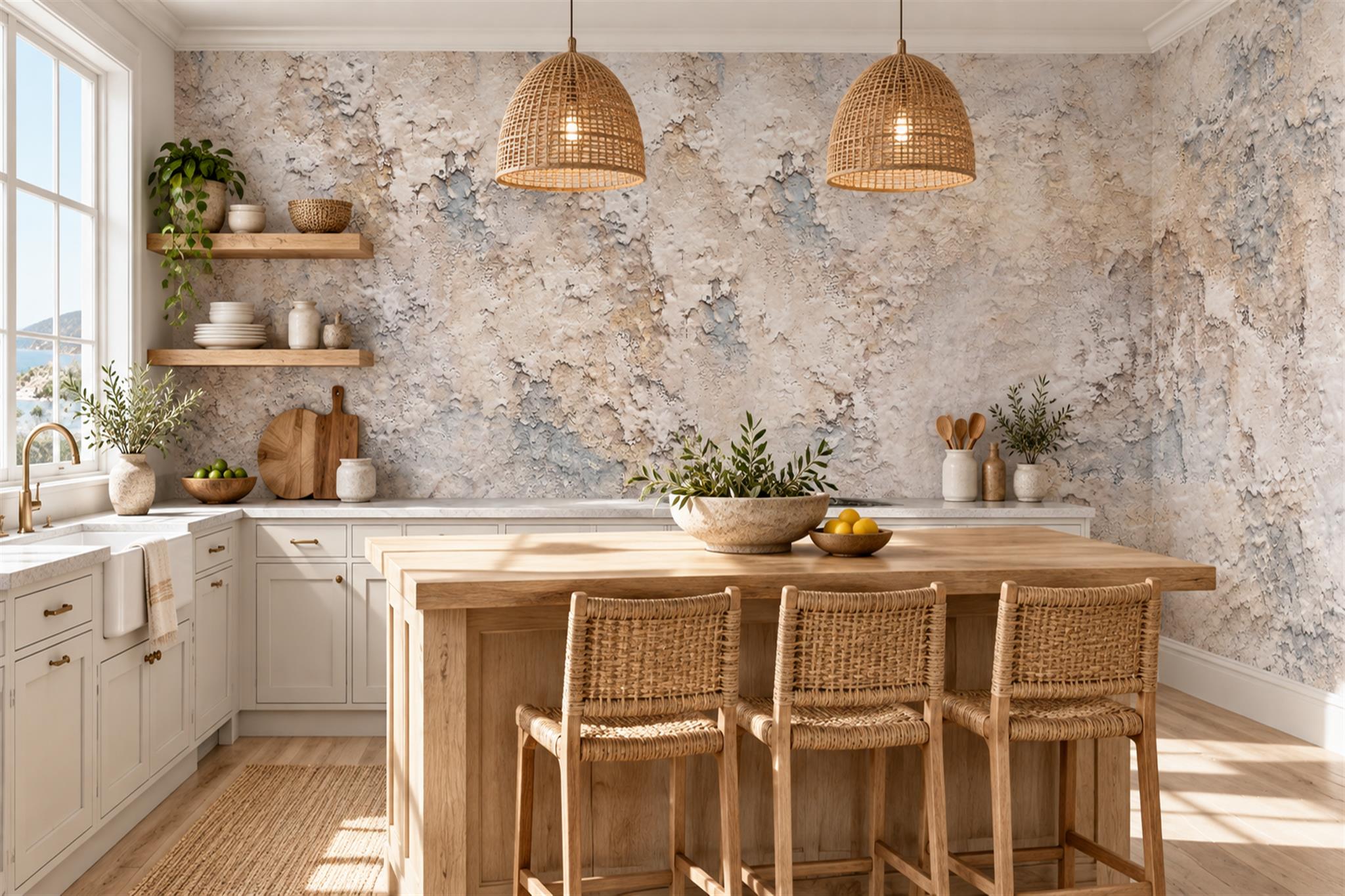 Beige Plaster Decorative Wallpaper Mural Dining-room-wallpaper-murals, Shown In A Dining Room, Peel-and-stick Finish