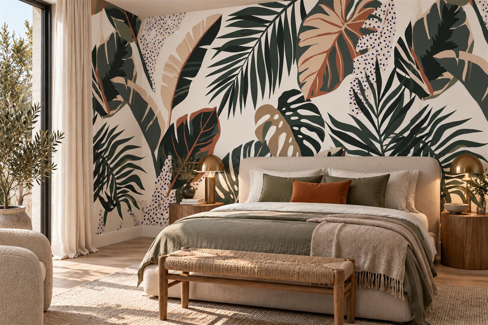 Green Leaf Botanical Textured Wallpaper Mural Bedroom-wallpaper-murals, Peel-and-stick Finish