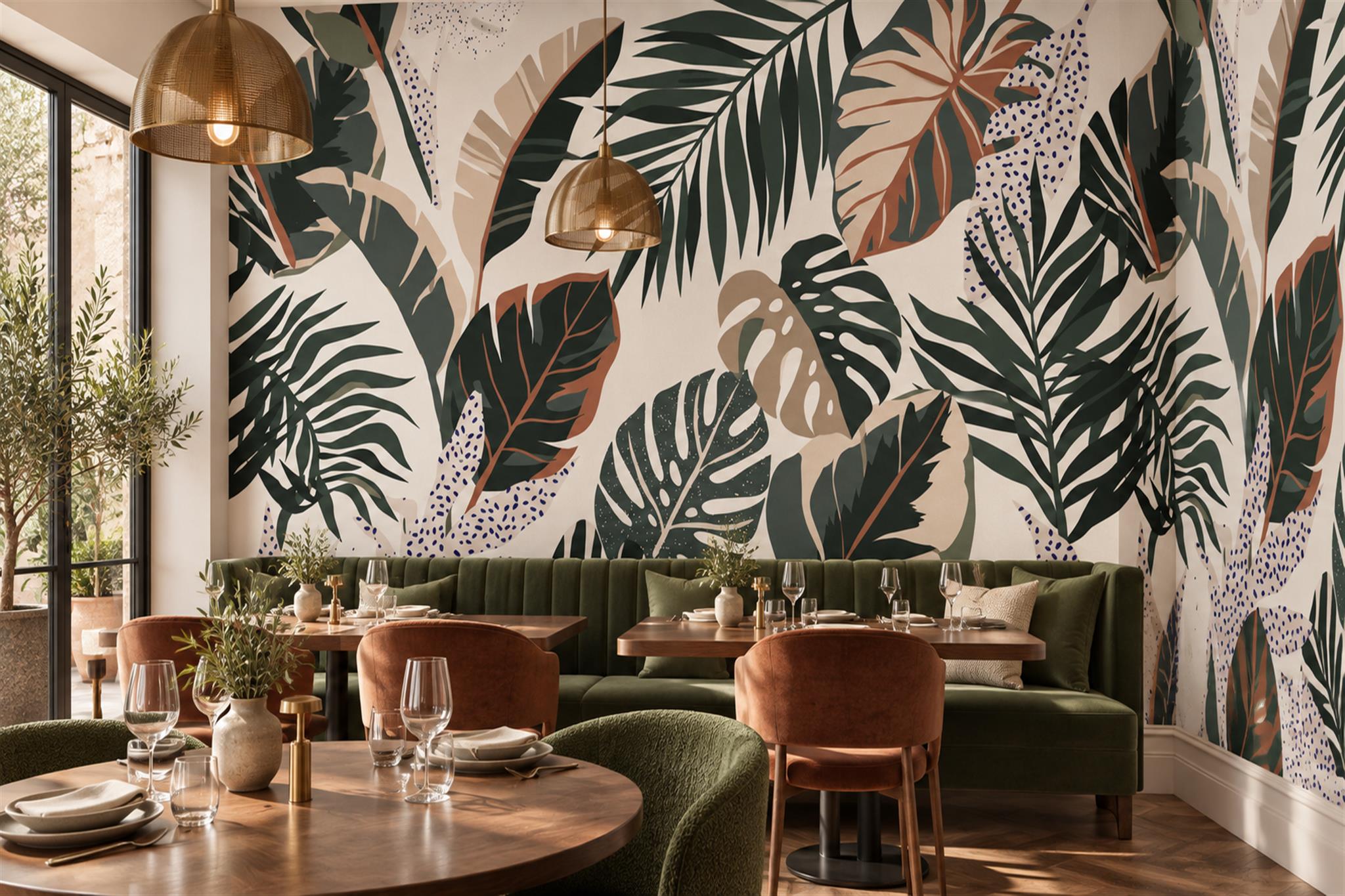 Green Leaf Botanical Textured Wallpaper Mural Accent-wall-wallpaper-murals, Peel-and-stick Finish