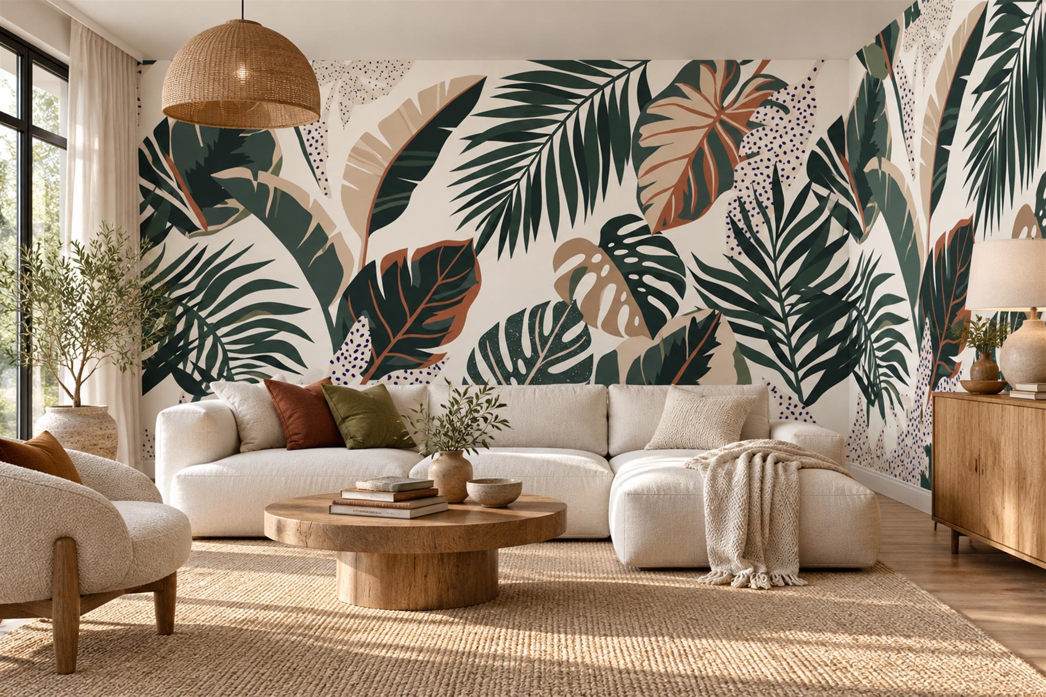 Modern Tropical Leaf Shapes In Green And Sand Wallpaper Mural — Wallpaper Mural Design, Peel-and-stick Finish