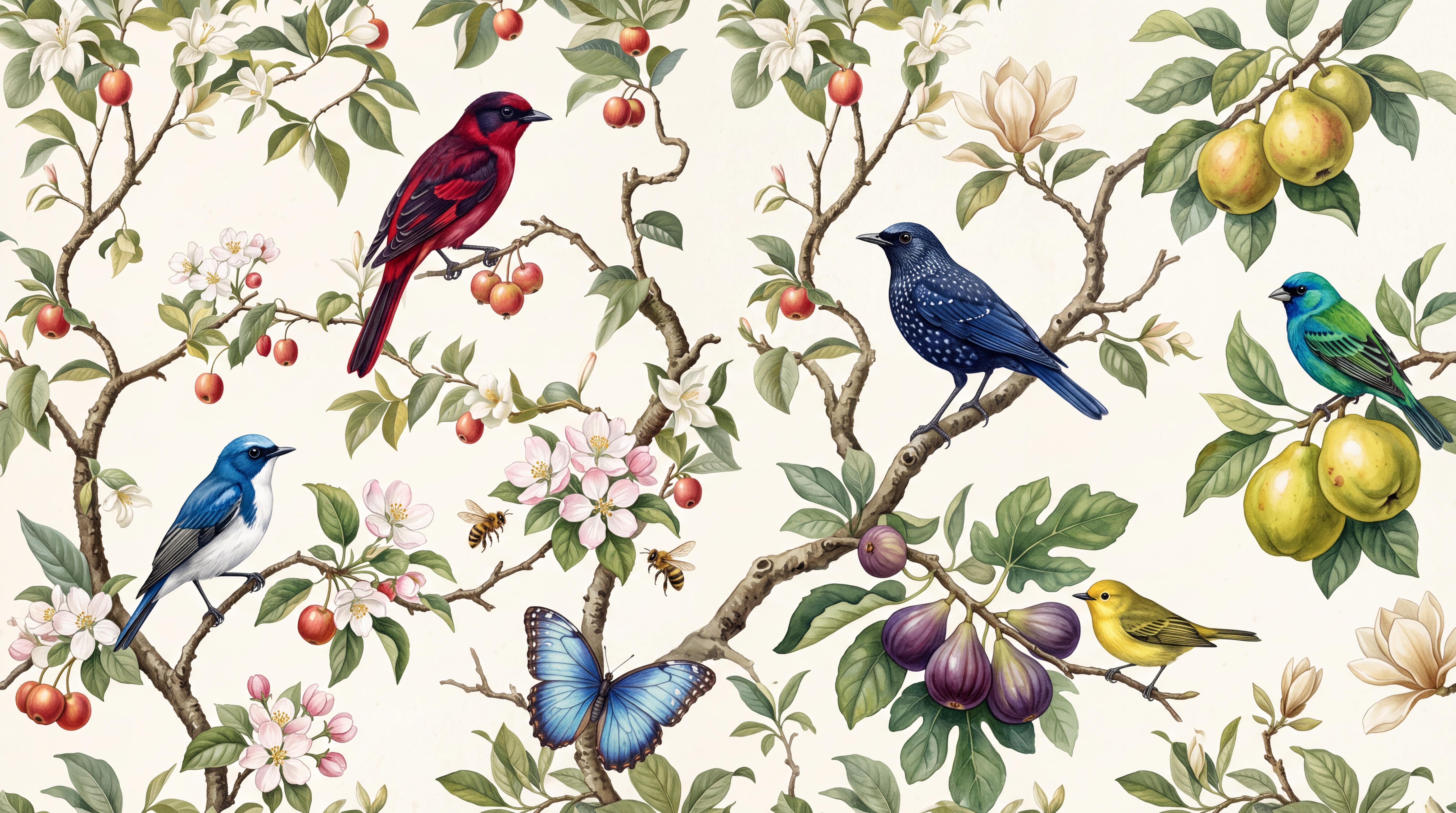 Green Bird Illustrated Decorative Wallpaper Mural, Peel-and-stick Finish
