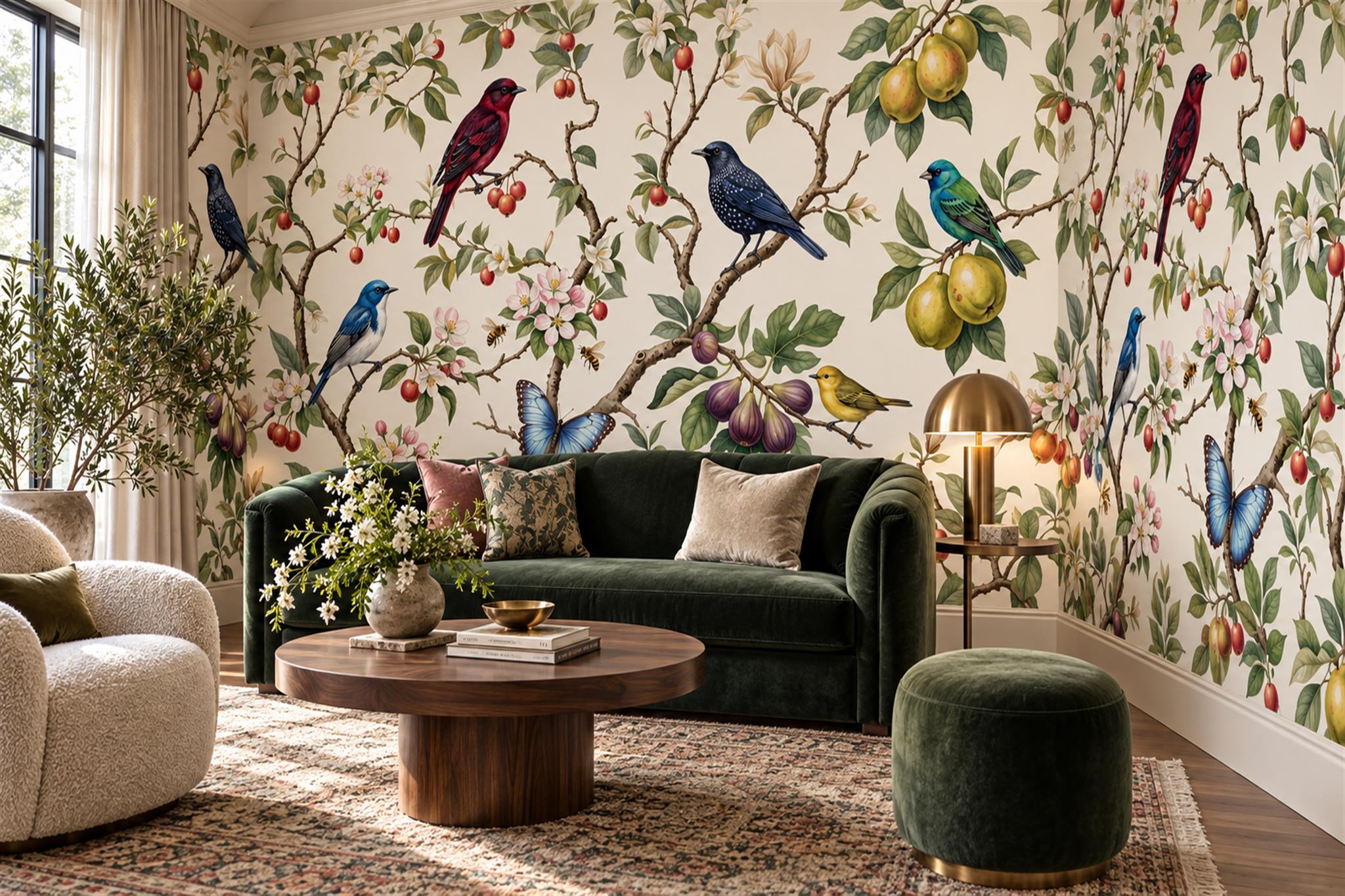 Different bird-and-branch mural shown as one continuous composition behind a living-room sofa