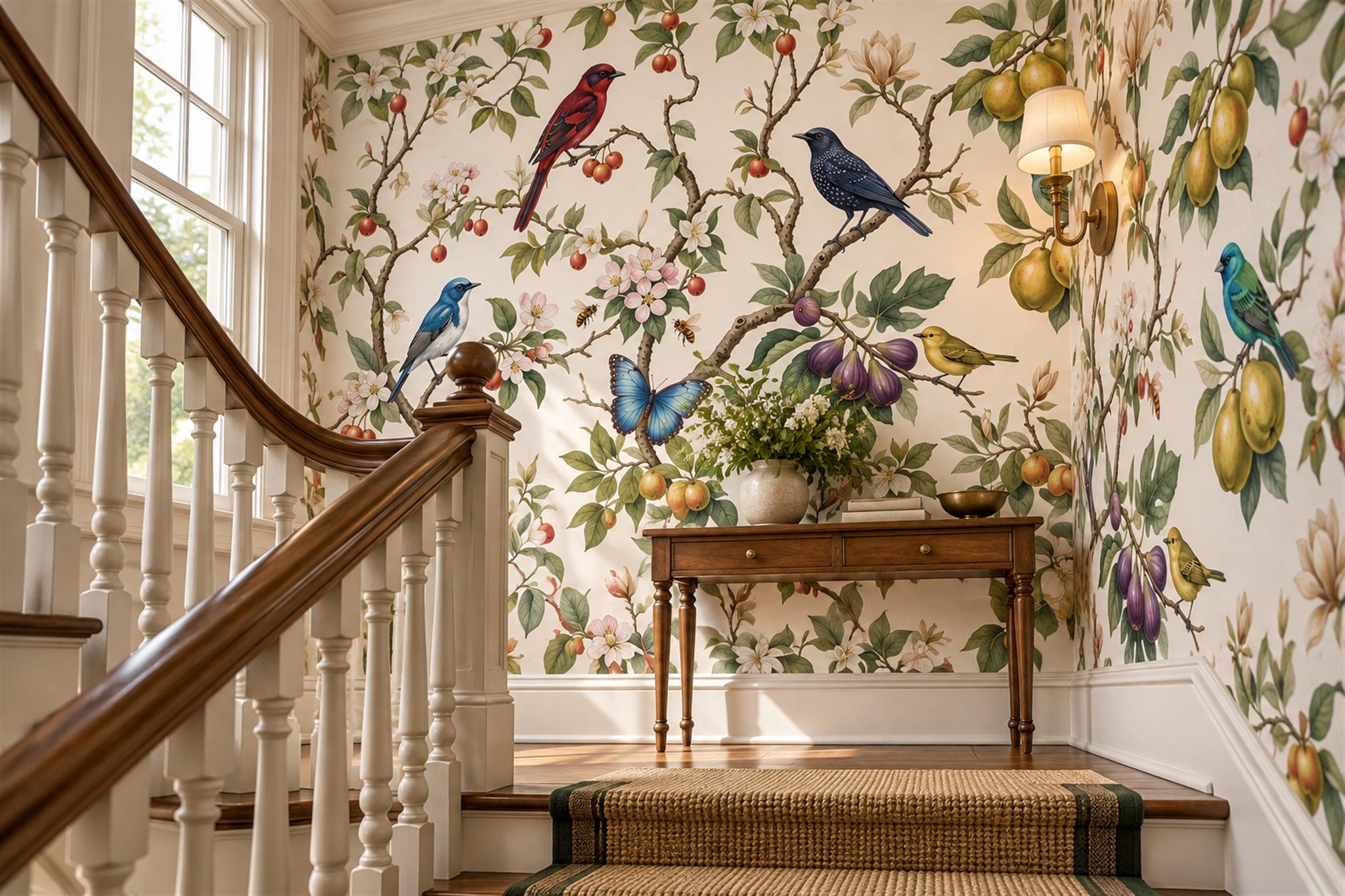 Green Bird Illustrated Decorative Wallpaper Mural Feature-wall-wallpaper-murals, Peel-and-stick Finish