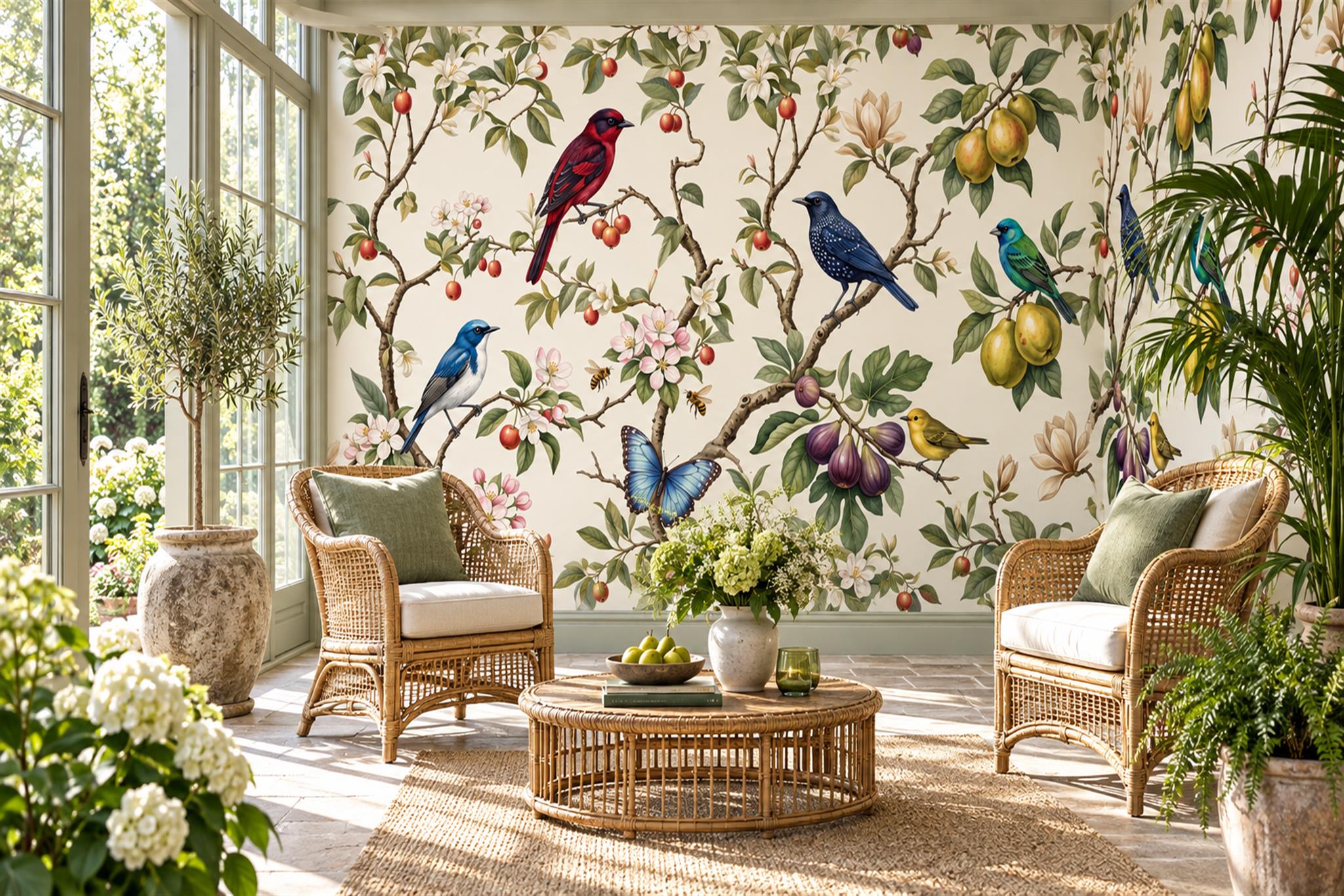 Songbirds, Blossoms And Fruit Branches Wallpaper Mural — Wallpaper Mural Design, Peel-and-stick Finish
